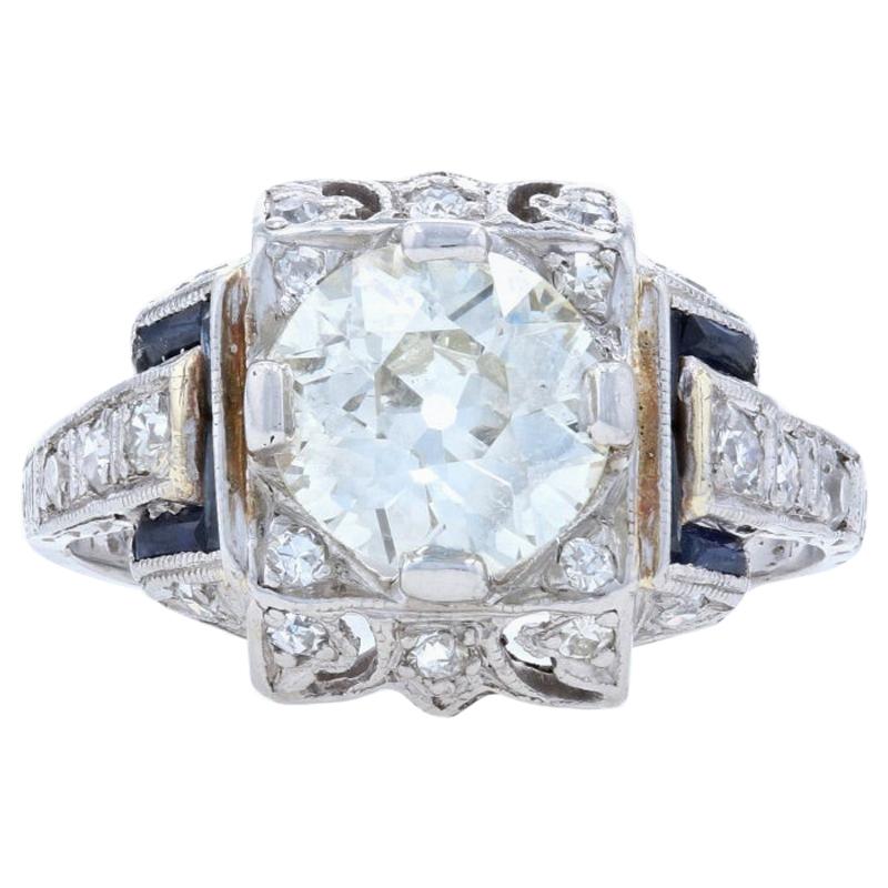 Art Deco Diamond and Synthetic Sapphire Ring, Platinum European 1.60 Carat