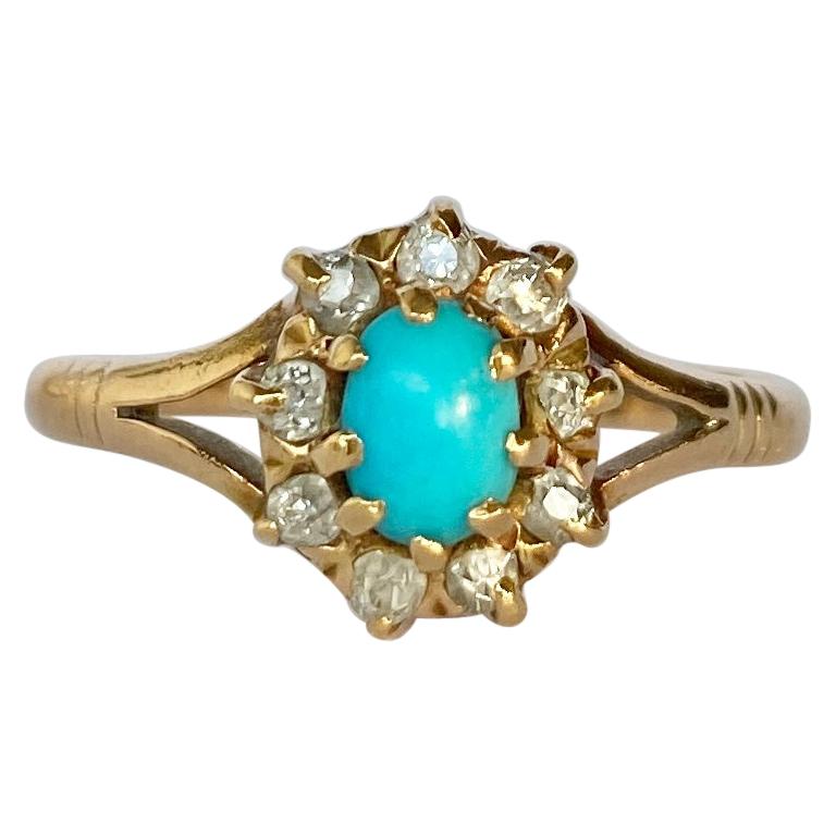 Art Deco Diamond and Turquoise 15 Carat Gold Cluster Ring