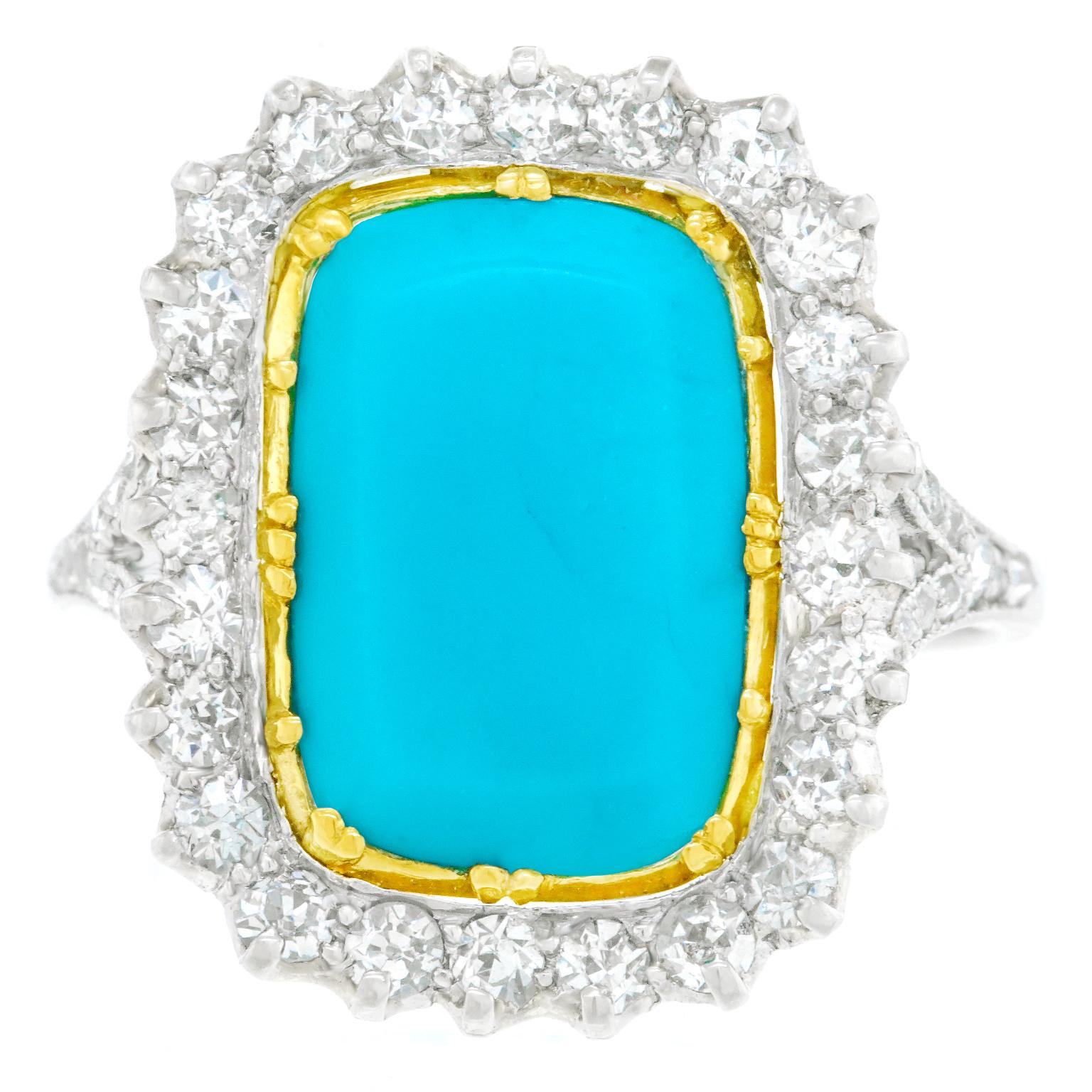 Cabochon Art Deco Diamond and Turquoise-Set Platinum Ring