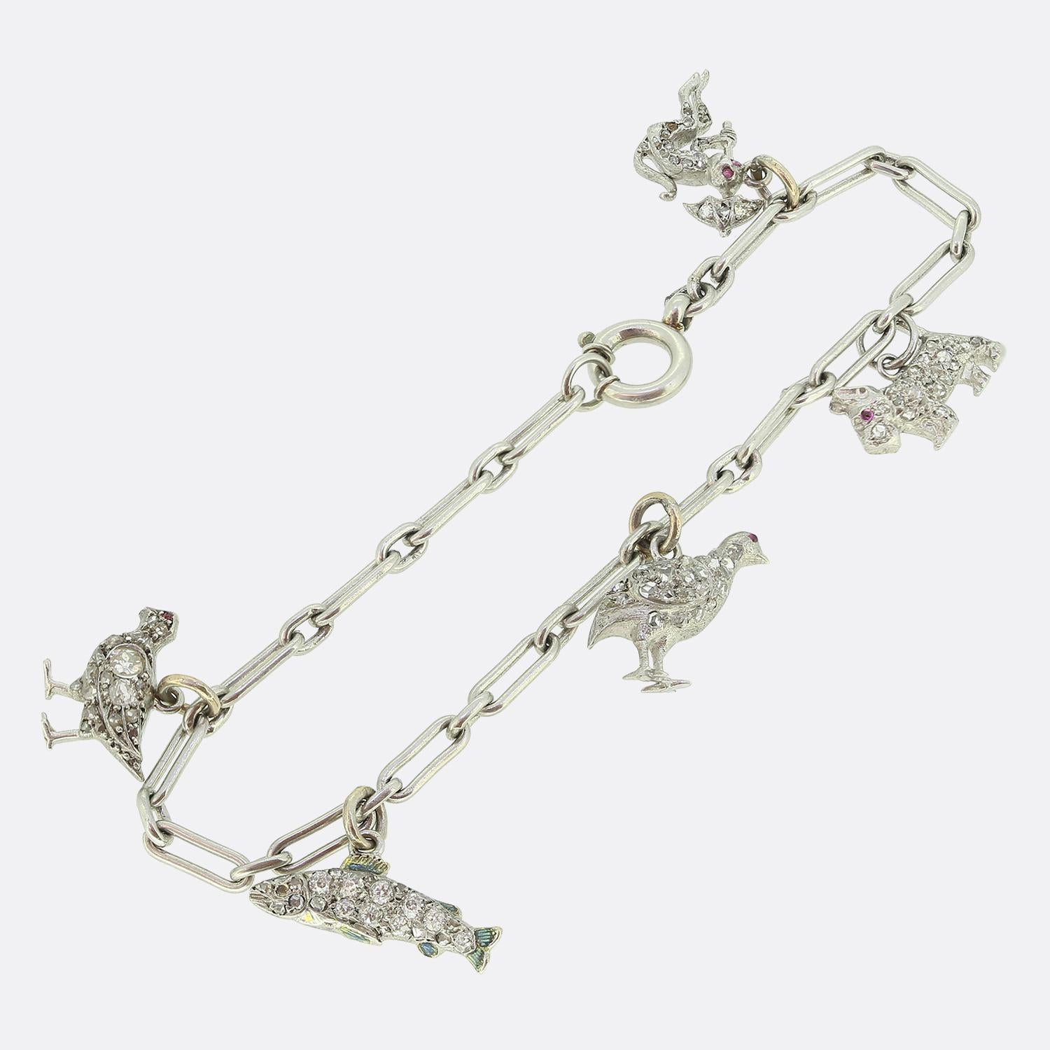 Old Mine Cut Art Deco Diamond Animal Charm Bracelet For Sale