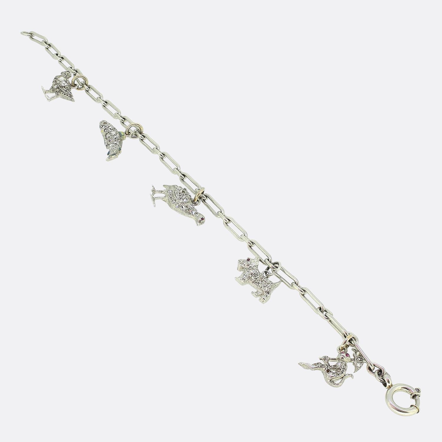 Women's or Men's Art Deco Diamond Animal Charm Bracelet For Sale