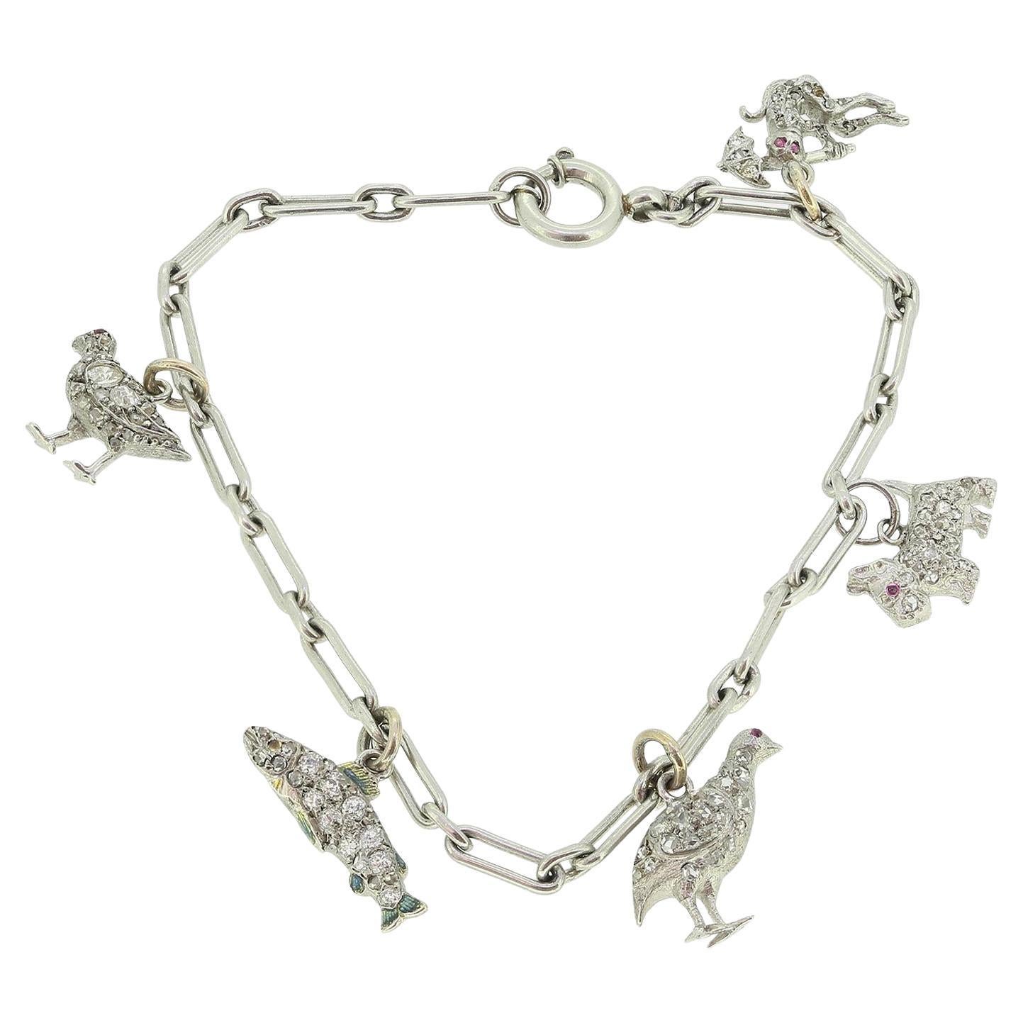 Art Deco Diamond Animal Charm Bracelet For Sale