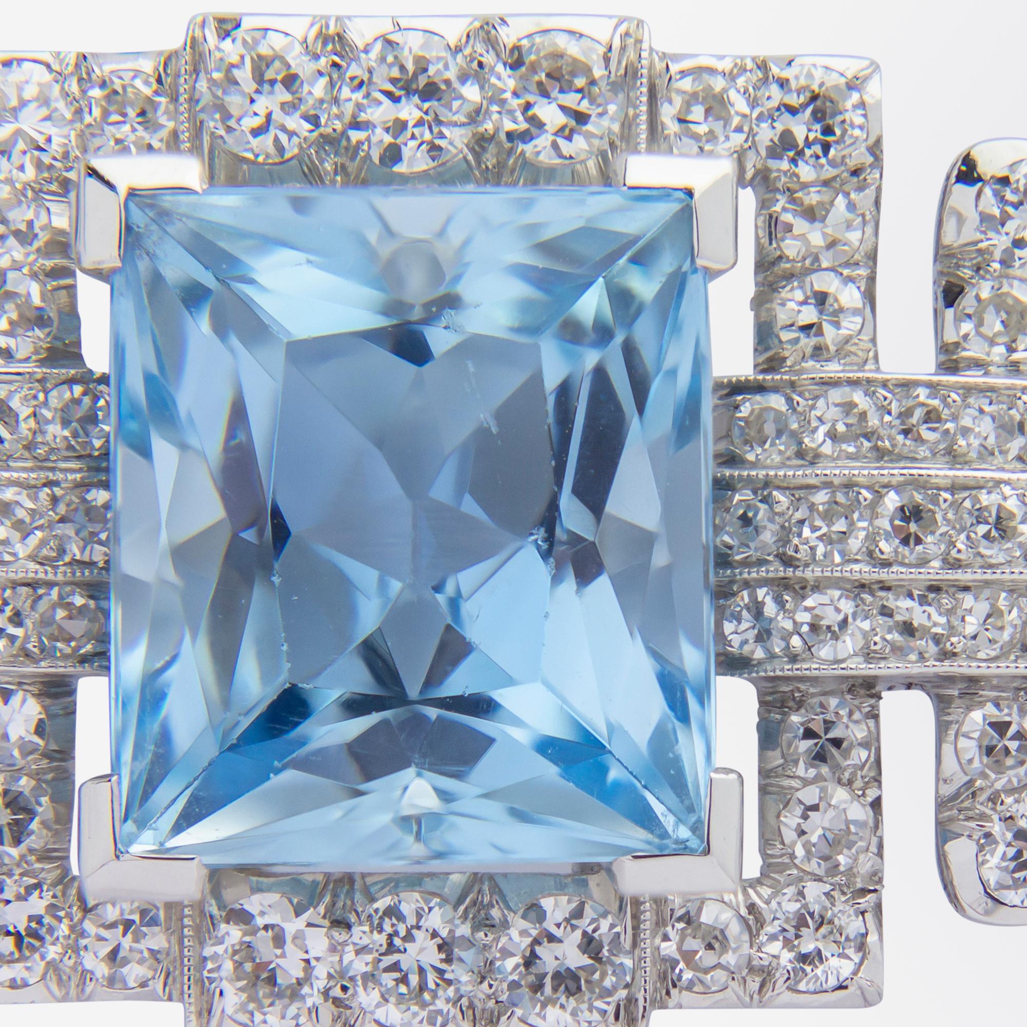 Princess Cut Art Deco Diamond & Aquamarine Brooch Pin by Kohn For Sale