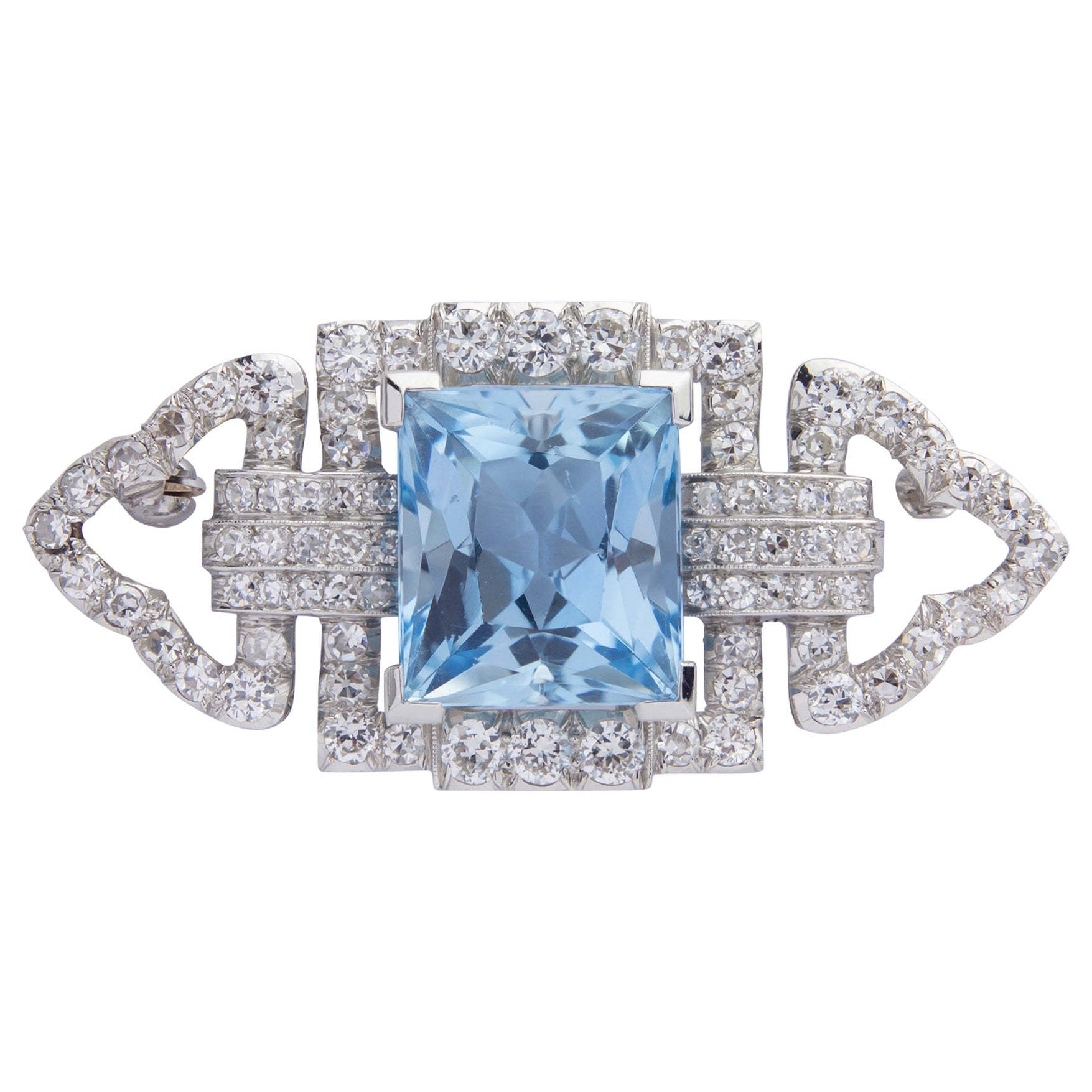 Art Deco Diamant- und Aquamarin-Brosche/Anstecknadel von Kohn