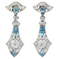 Art Deco Diamond Aquamarine Platinum Vintage Screwback Drop Earrings