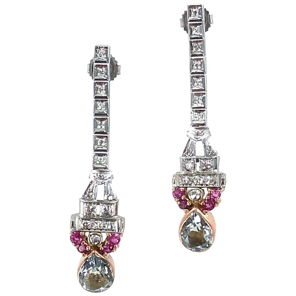 Art Deco Diamond Aquamarine Ruby Drop Earrings
