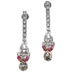 Art Deco Diamond Aquamarine Ruby Drop Earrings