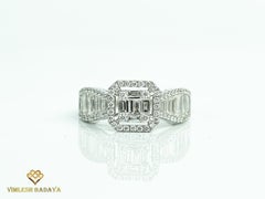 1.1ct Natural Baguette & Round-Cut Diamond Halo Engagement Ring in 18K WhiteGold