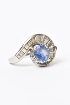 Art Deco Style Platinum Ring With 1.85 Ct Sapphire and Diamond Baguettes