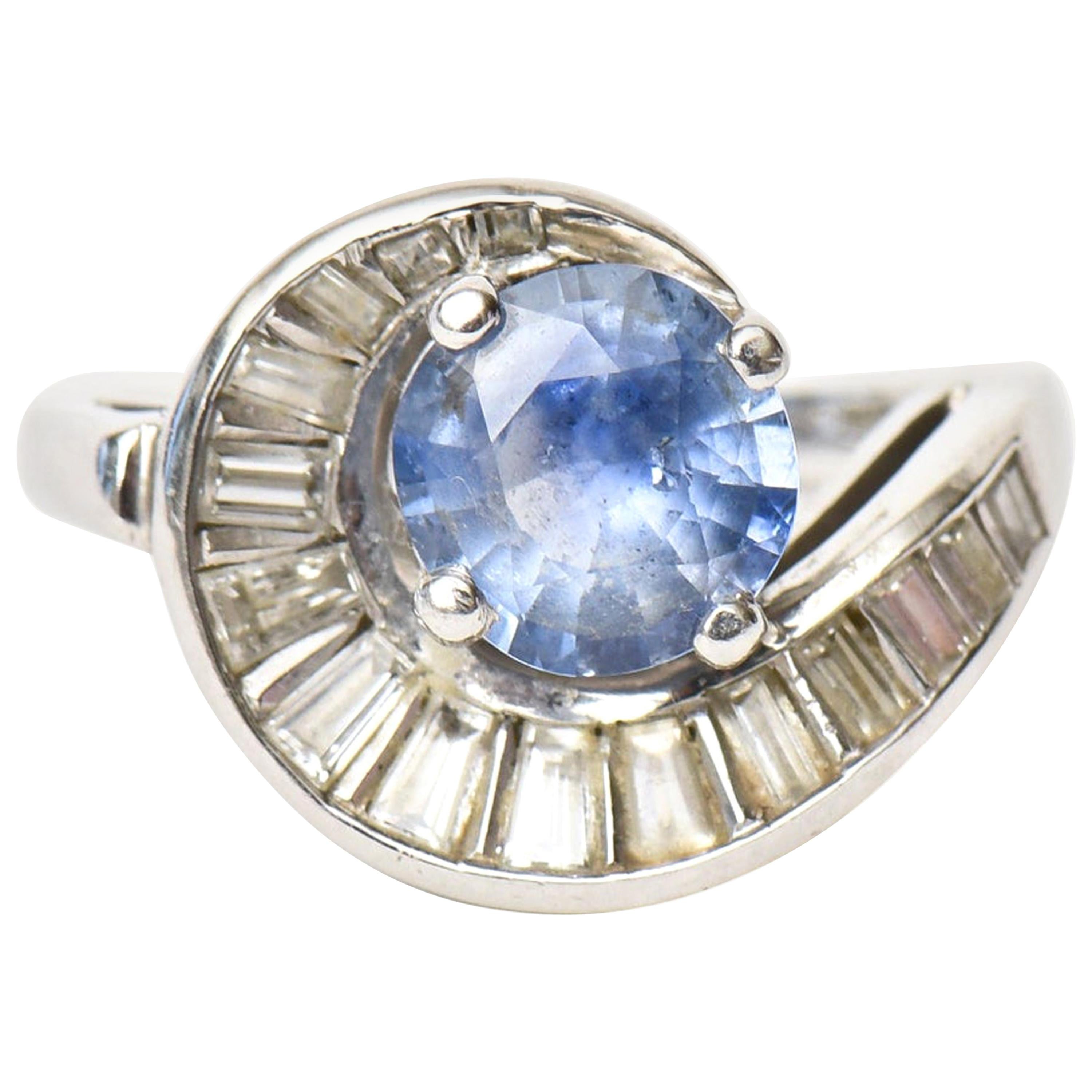 Art Deco Diamond Baguette, Sapphire and Platinum Ring For Sale