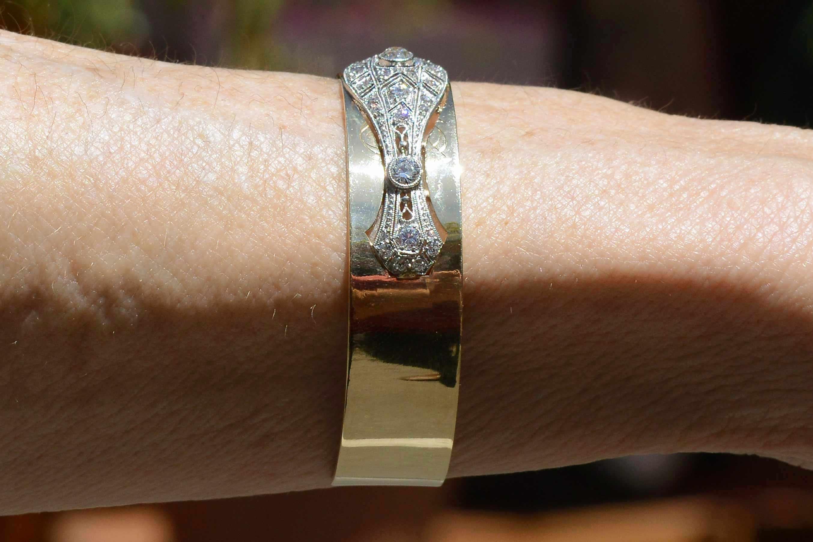 Art Deco Diamond Bangle Bracelet Filigree Wide Cuff Gold & Platinum Belle Epoque In Good Condition In Santa Barbara, CA