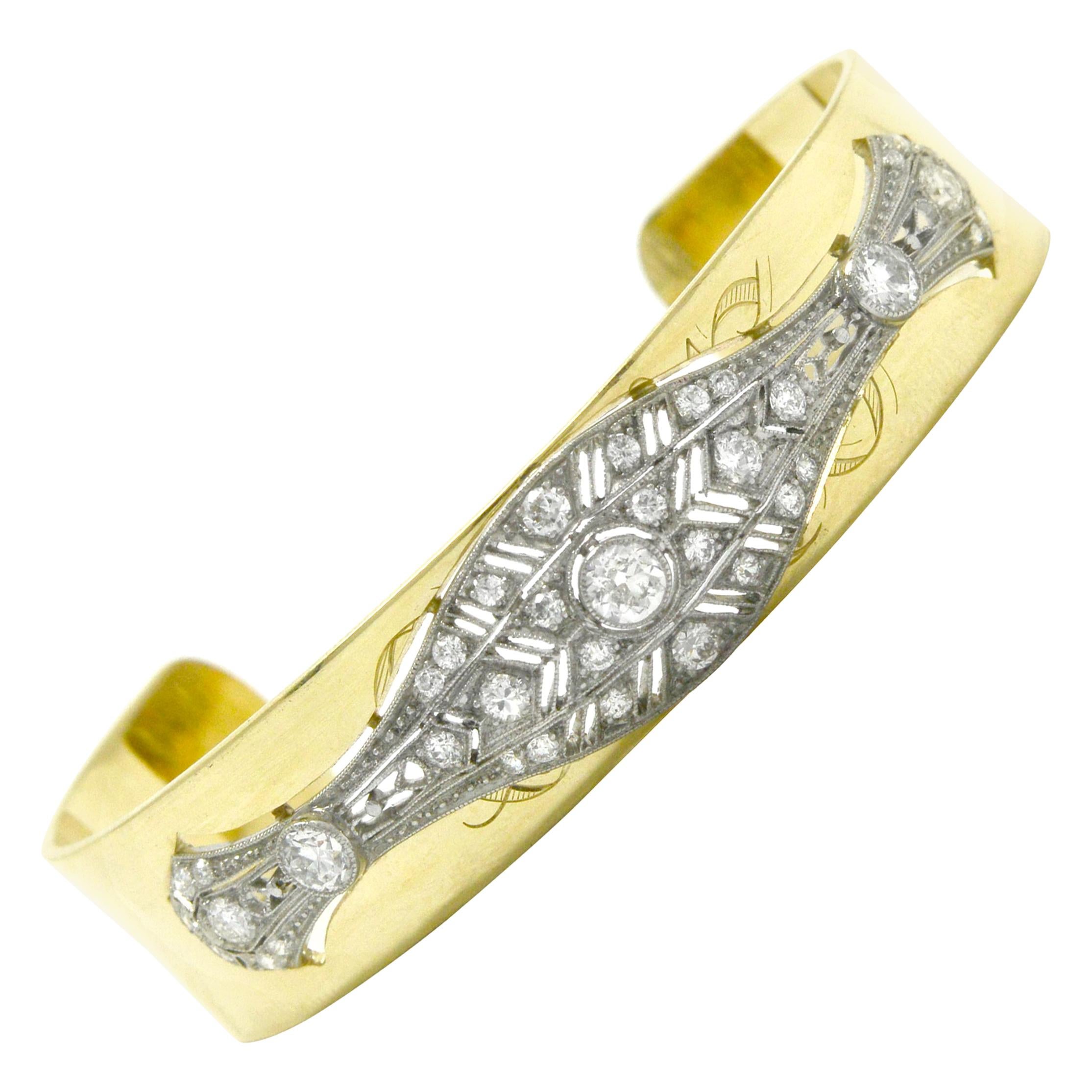 Art Deco Diamond Bangle Bracelet Filigree Wide Cuff Gold & Platinum Belle Epoque