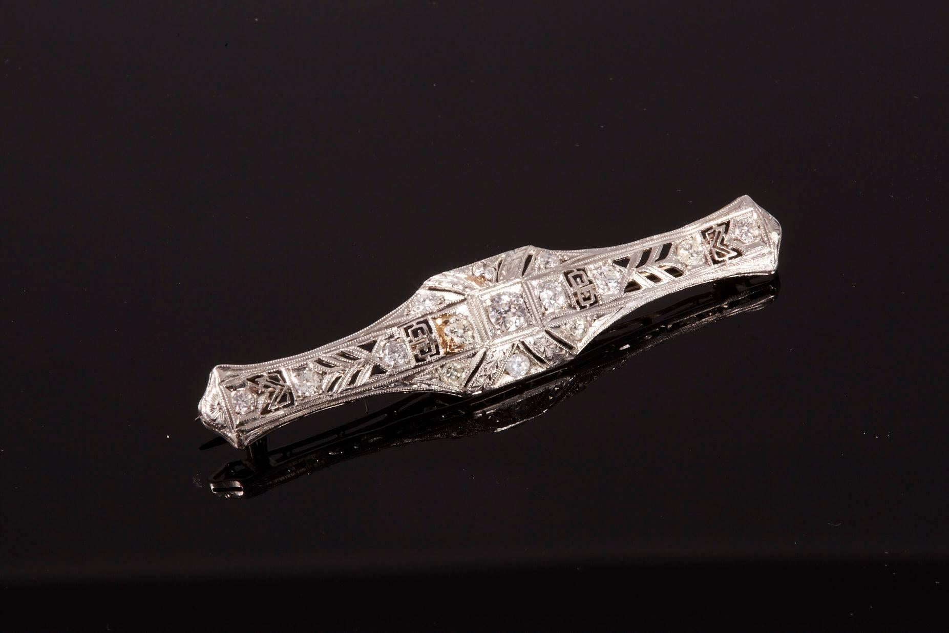 Old European Cut Art Deco Diamond Bar Brooch For Sale