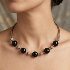 Art Deco Diamond Beaded Necklace in Enamel-Plated Silver and 18K Gold