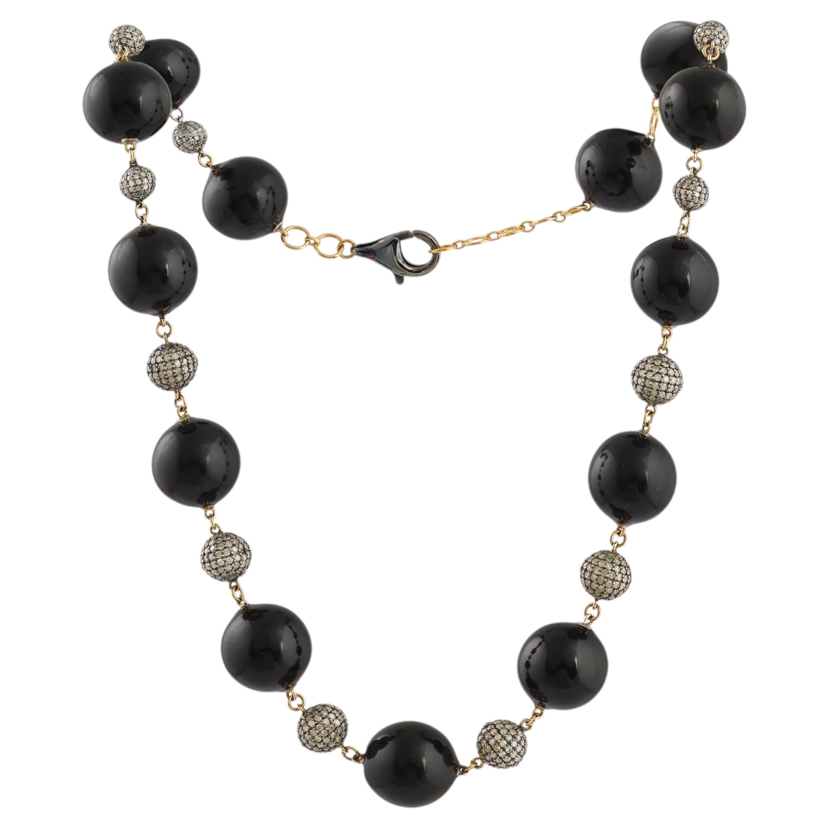 Collana Art Deco con diamanti e perline in argento placcato smalto e oro 18 carati in vendita