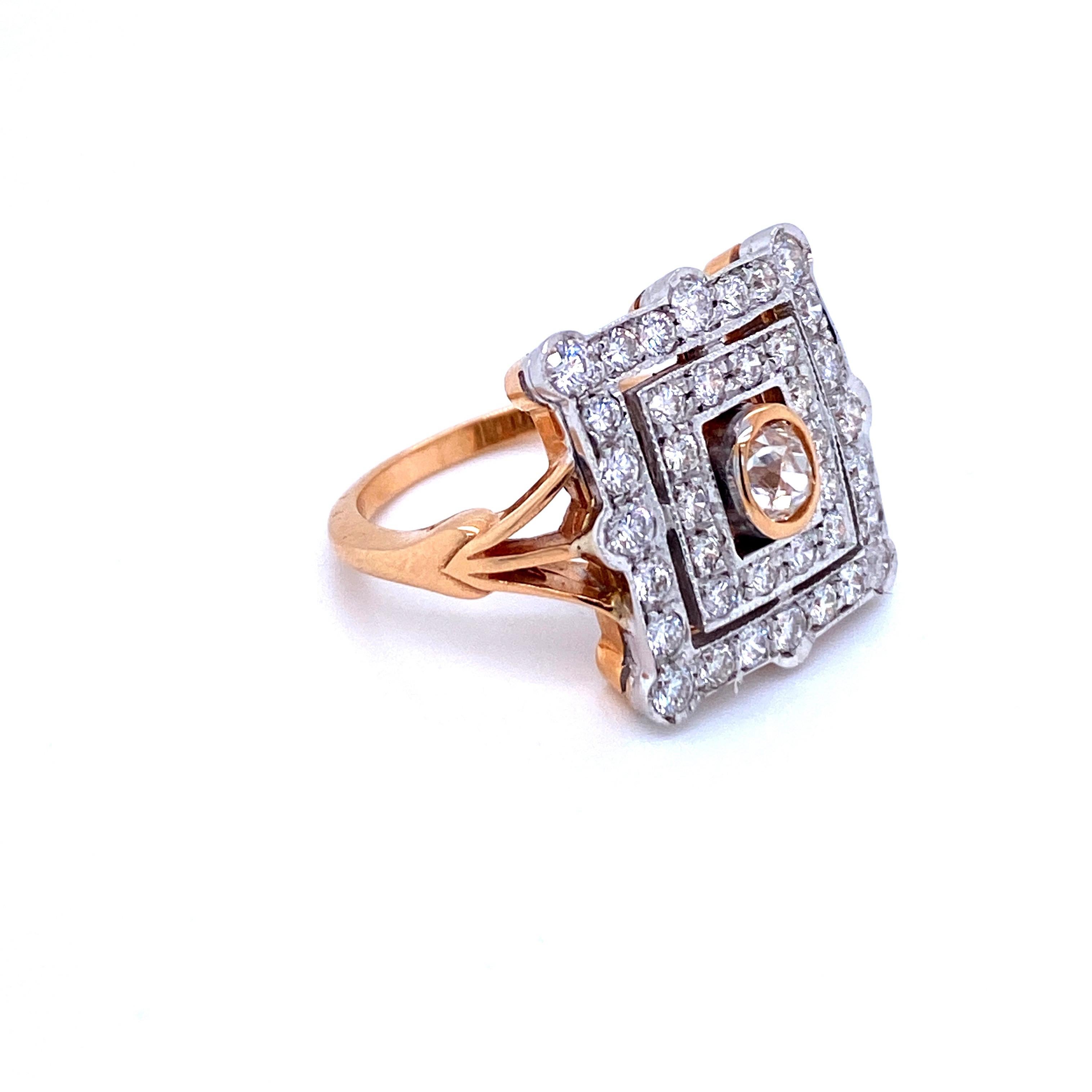 Old Mine Cut Art Deco Style Diamond Bi-Color Gold Plaque Ring