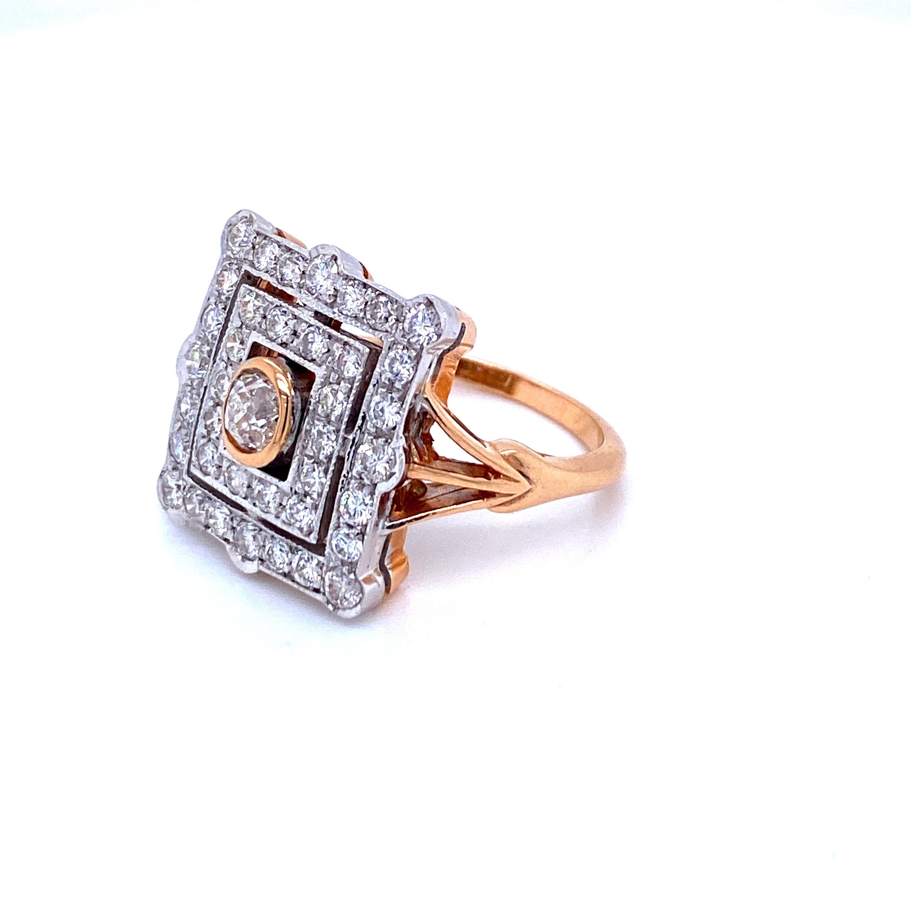 Art Deco Style Diamond Bi-Color Gold Plaque Ring In Excellent Condition In Napoli, Italy