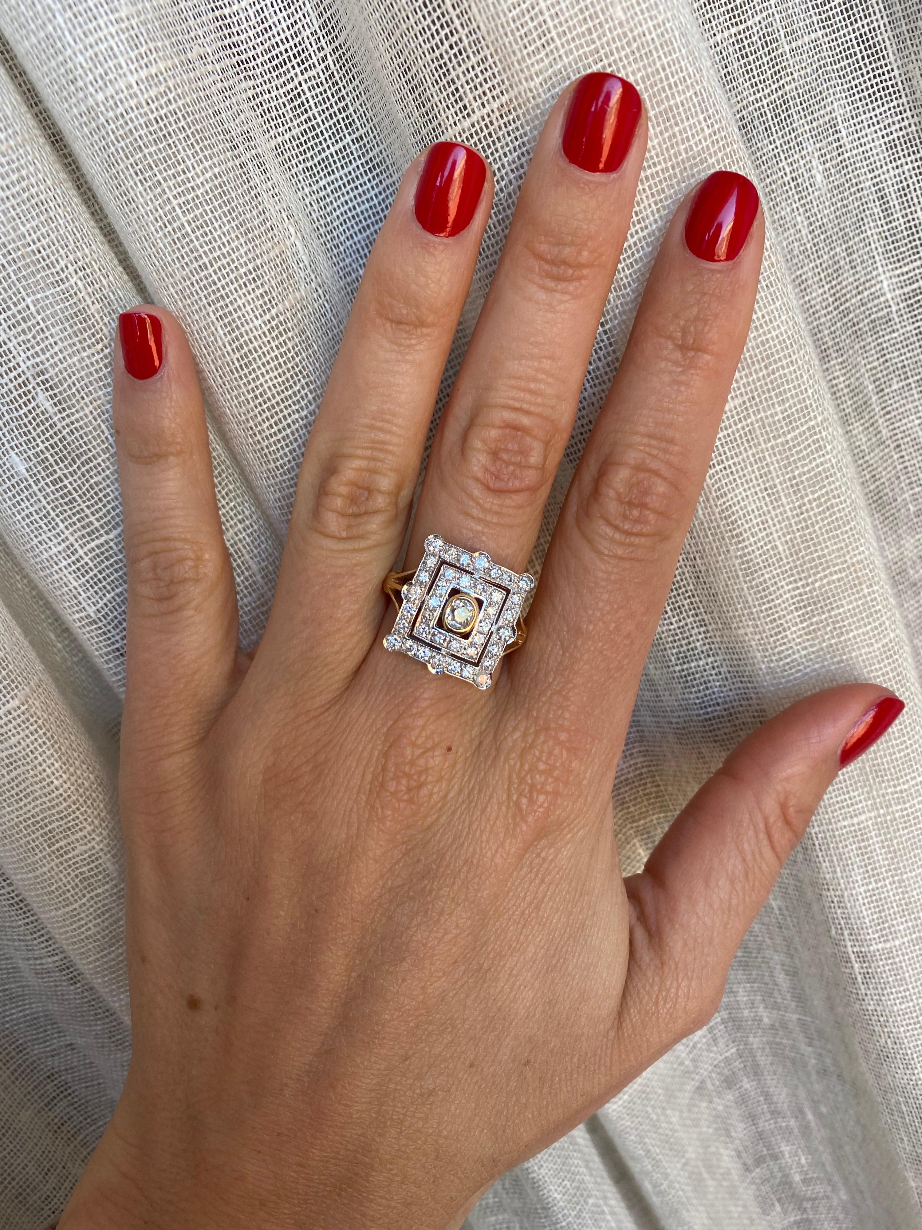Women's Art Deco Style Diamond Bi-Color Gold Plaque Ring