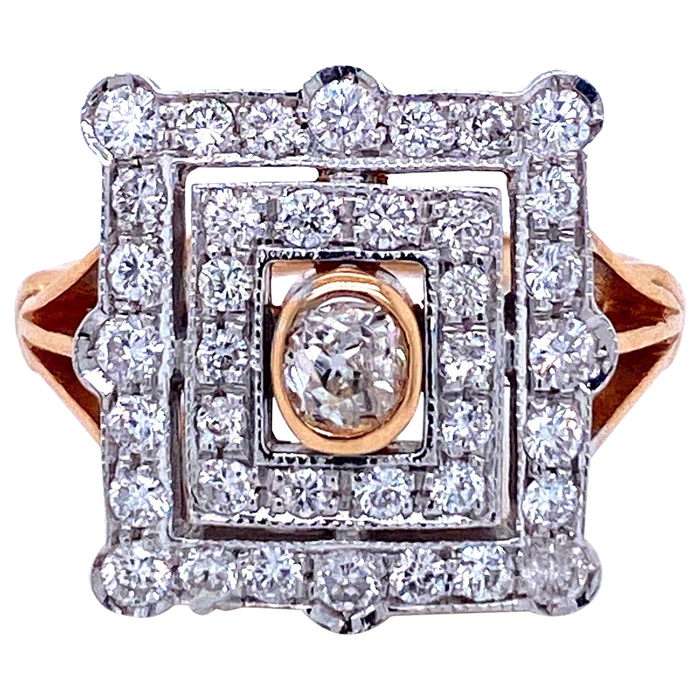 Art Deco Style Diamond Bi-Color Gold Plaque Ring