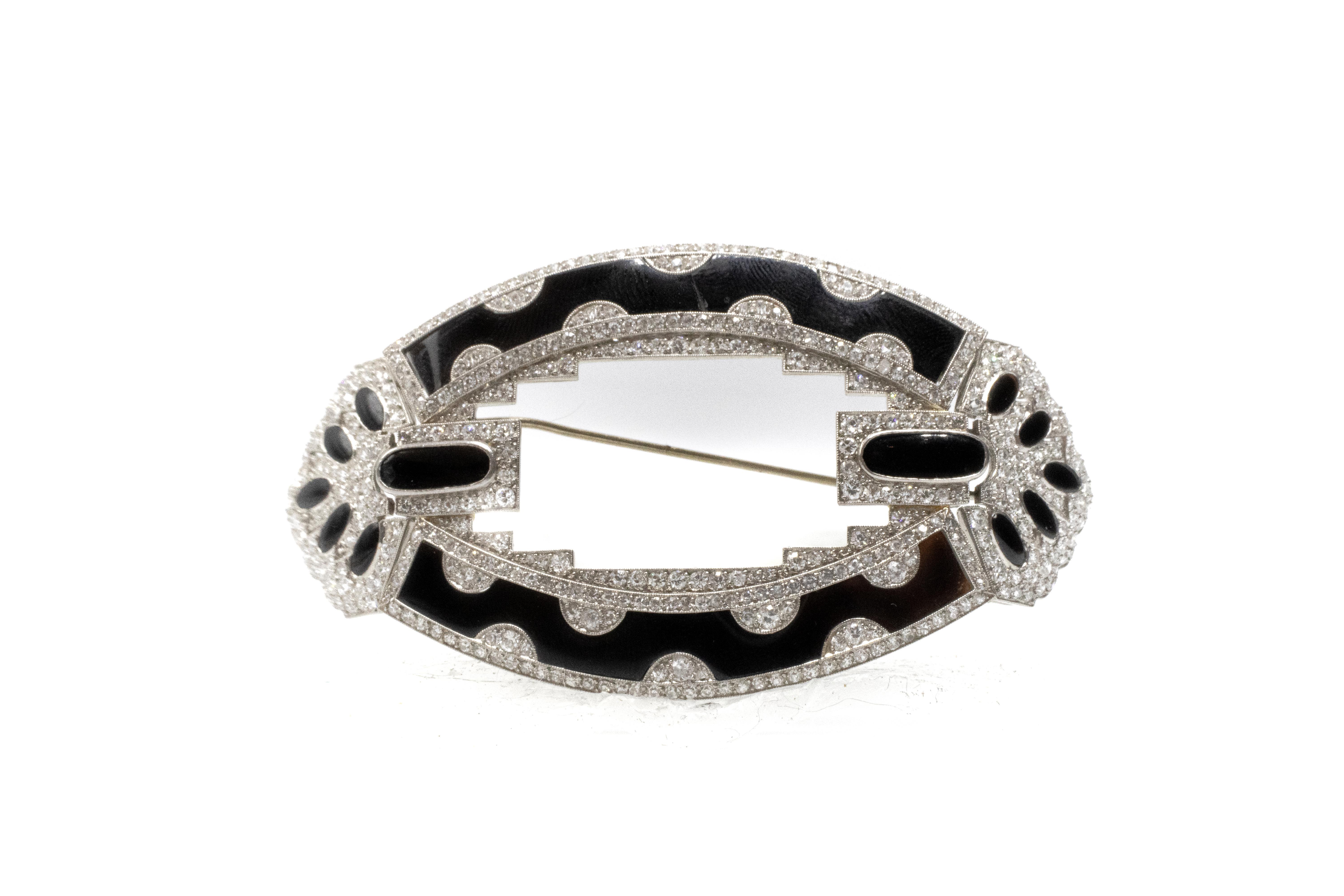 Women's or Men's Art Deco Diamond Black Enamel 18 Karat White Gold Brooch