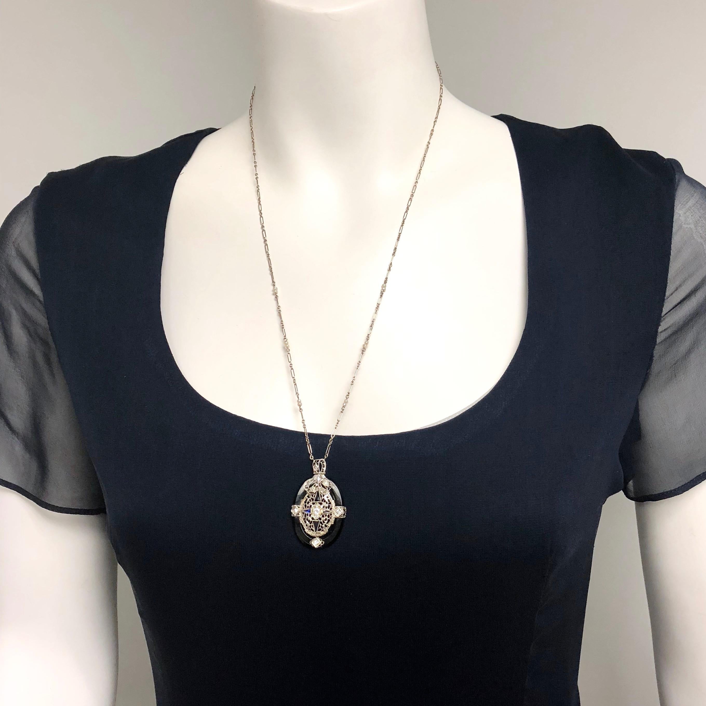 Art Deco Diamond Black Onyx Filigree White Gold Long Necklace 1