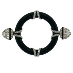 Art Deco Diamond Black Onyx Platinum Pin Brooch Clip, 1910s