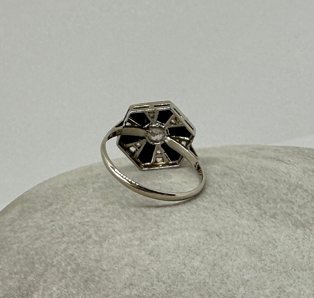 Art Deco Diamond Black Onyx Platinum Ring Old Mine Rose Cut Diamonds Antique 4