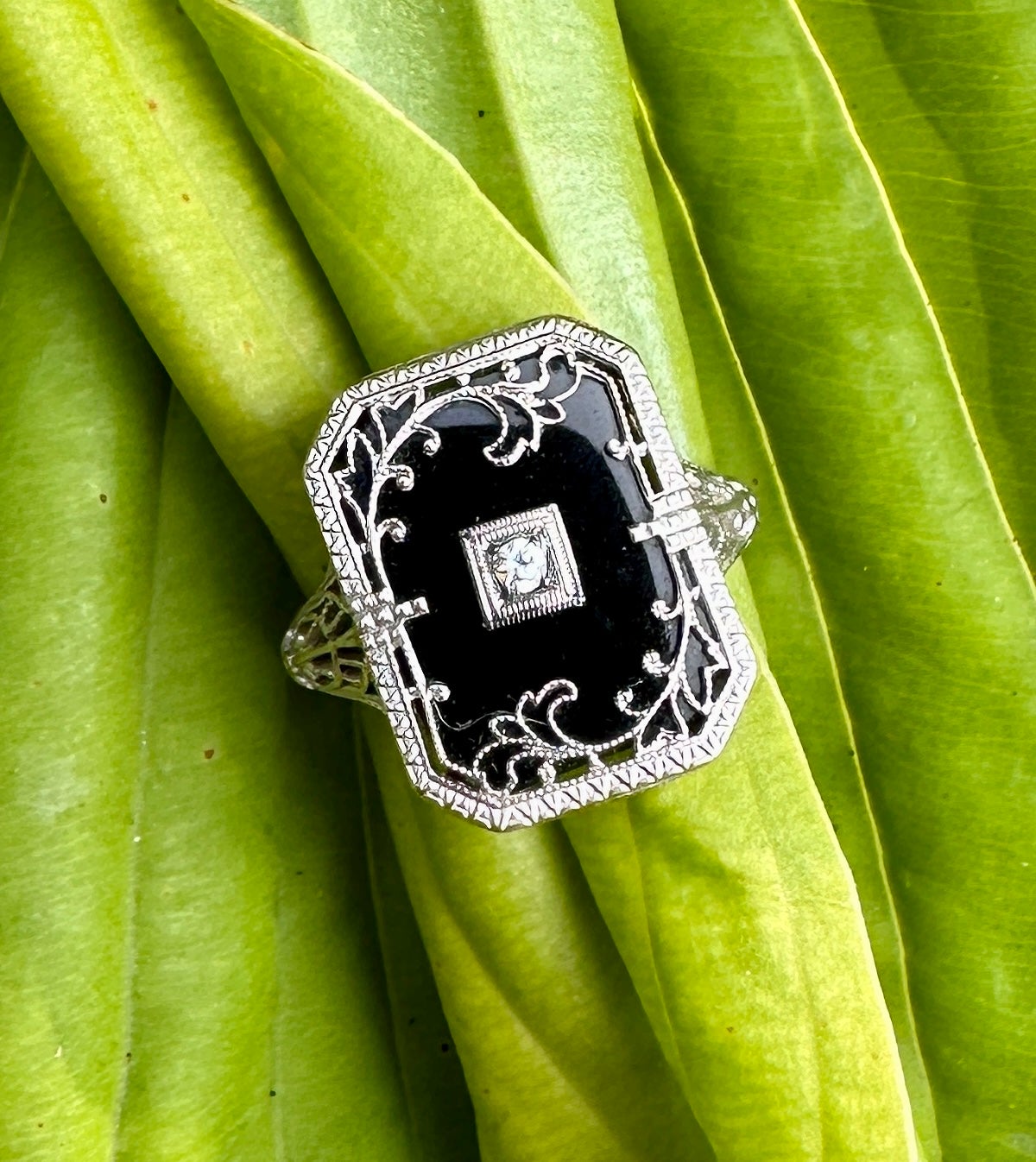 This is a very special Edwardian, Art Deco Ring with Black Onyx, a central Old Mine Cut Diamond and extraordinary 14 Karat White Gold filigree work across the top of the Black Onyx, around the stunning gallery and extending down the ring shank.  The