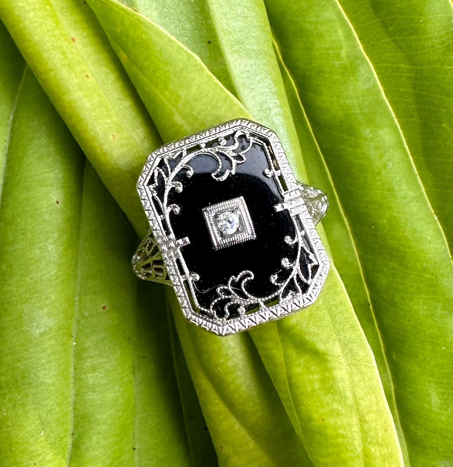 Old Mine Cut Art Deco Diamond Black Onyx Ring Edwardian Filigree 14 Karat White Gold Flower For Sale