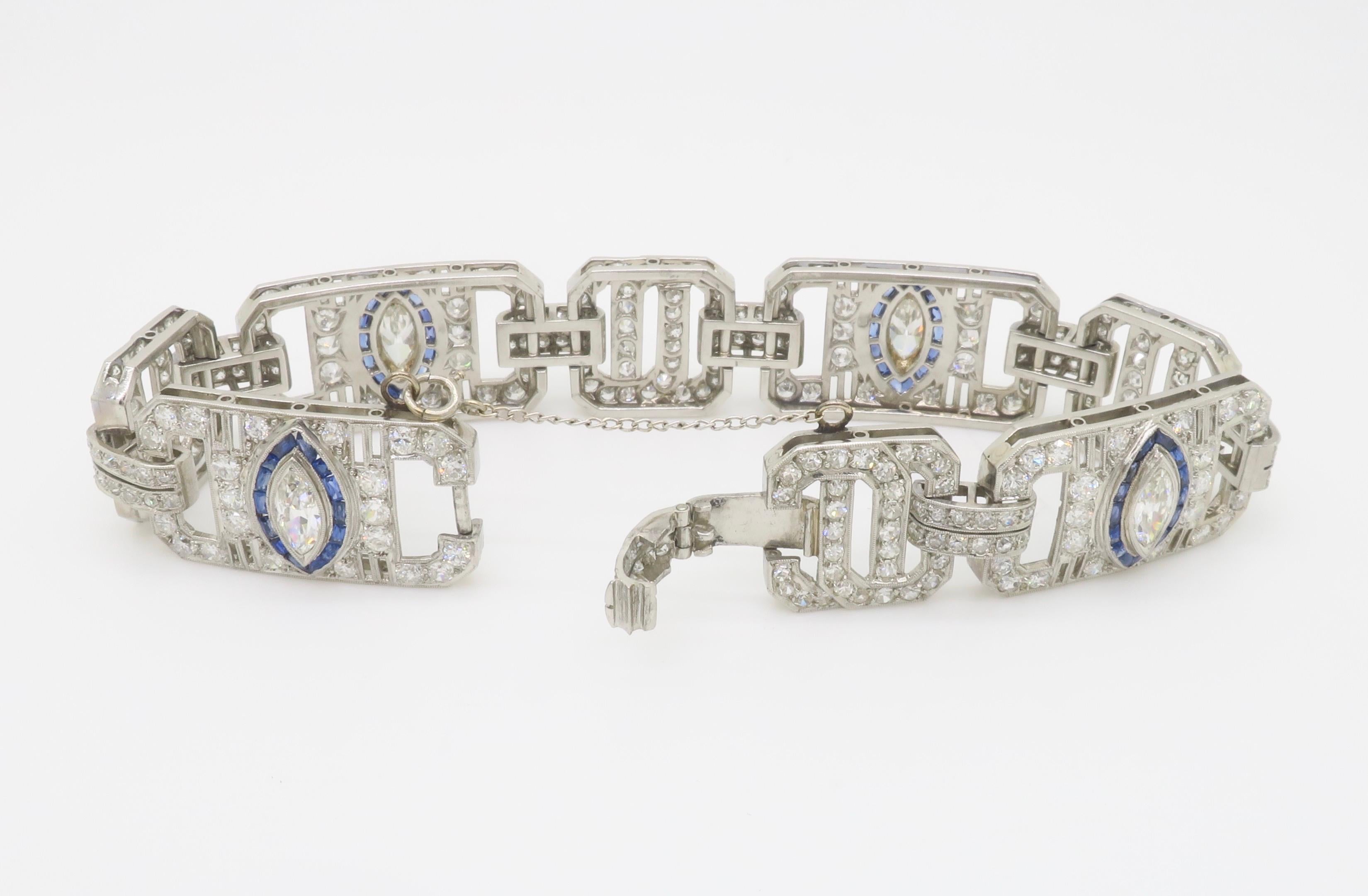 Art Deco Diamond & Blue Sapphire bracelet made in Platinum For Sale 5