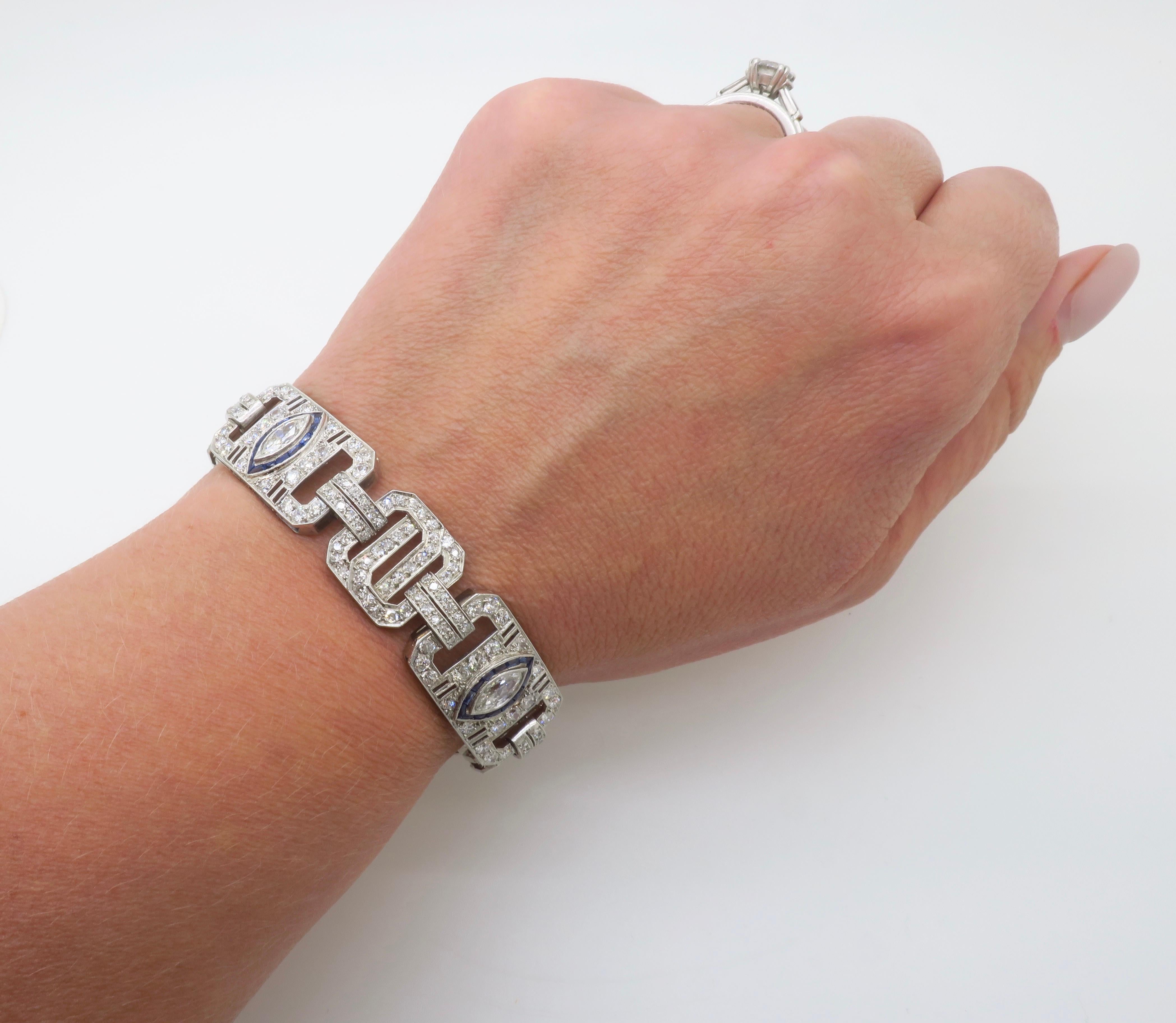 Art Deco Diamond & Blue Sapphire bracelet made in Platinum For Sale 6