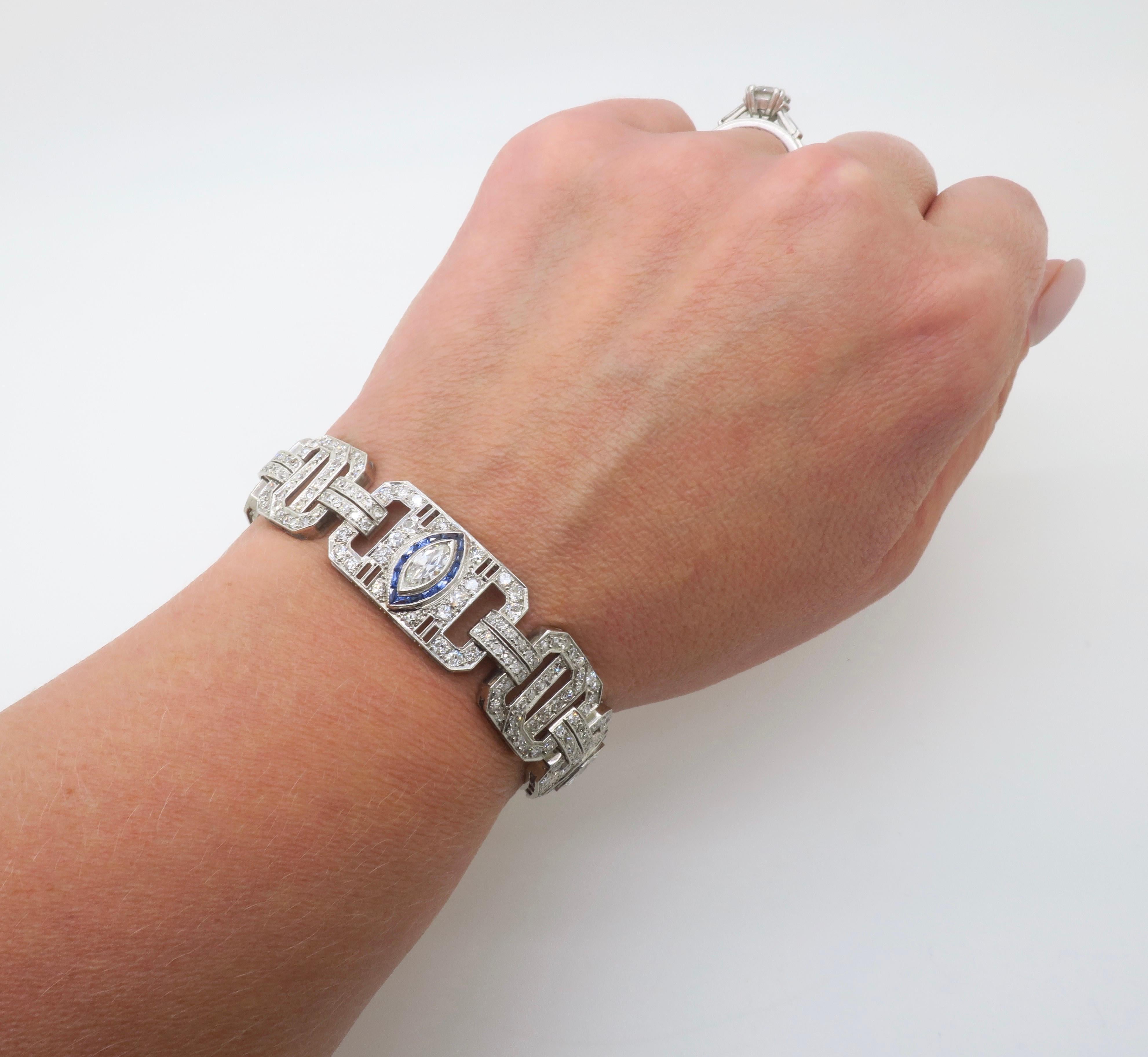 Art Deco Diamond & Blue Sapphire bracelet made in Platinum For Sale 7