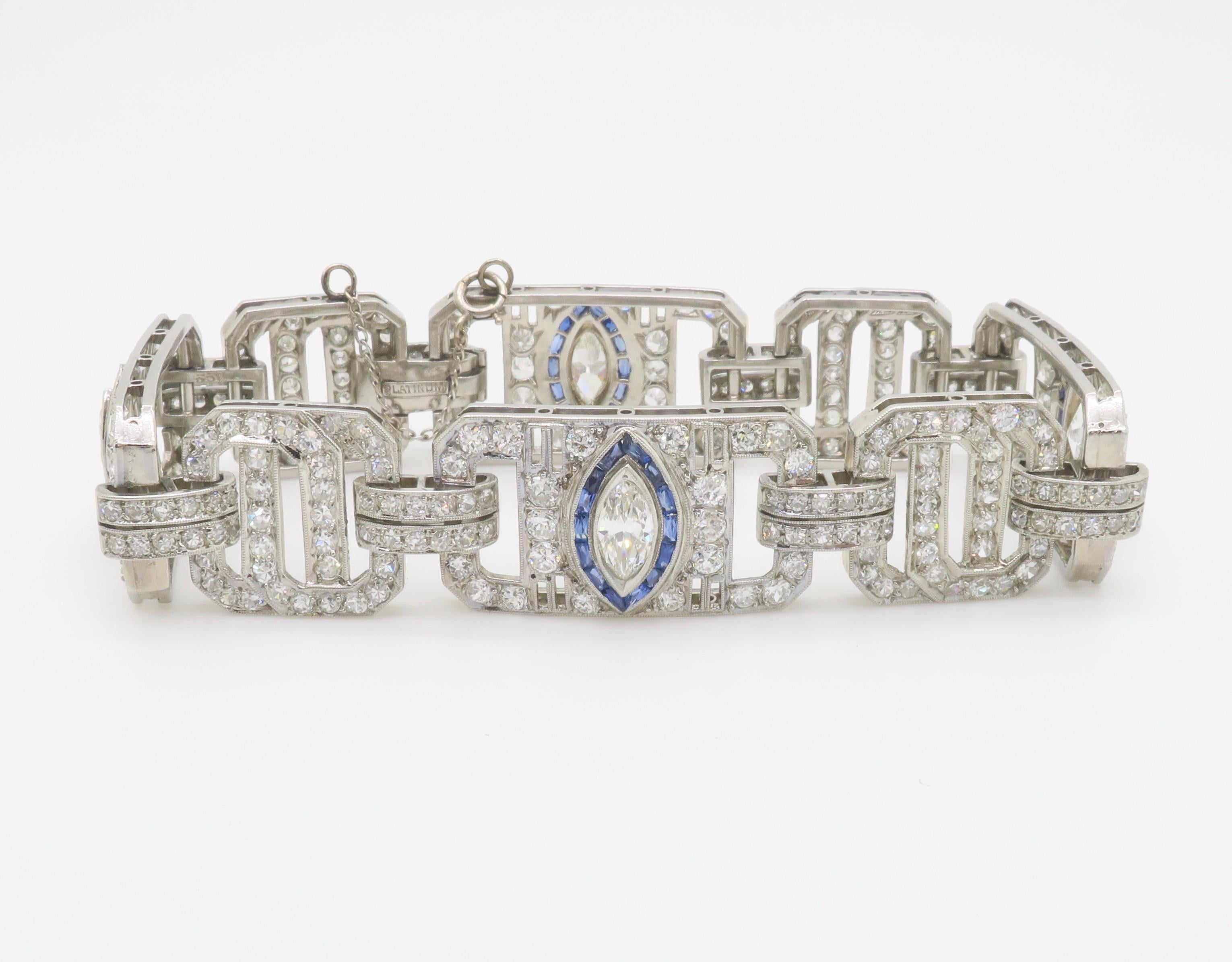 Art Deco Diamond & Blue Sapphire bracelet made in Platinum For Sale 8