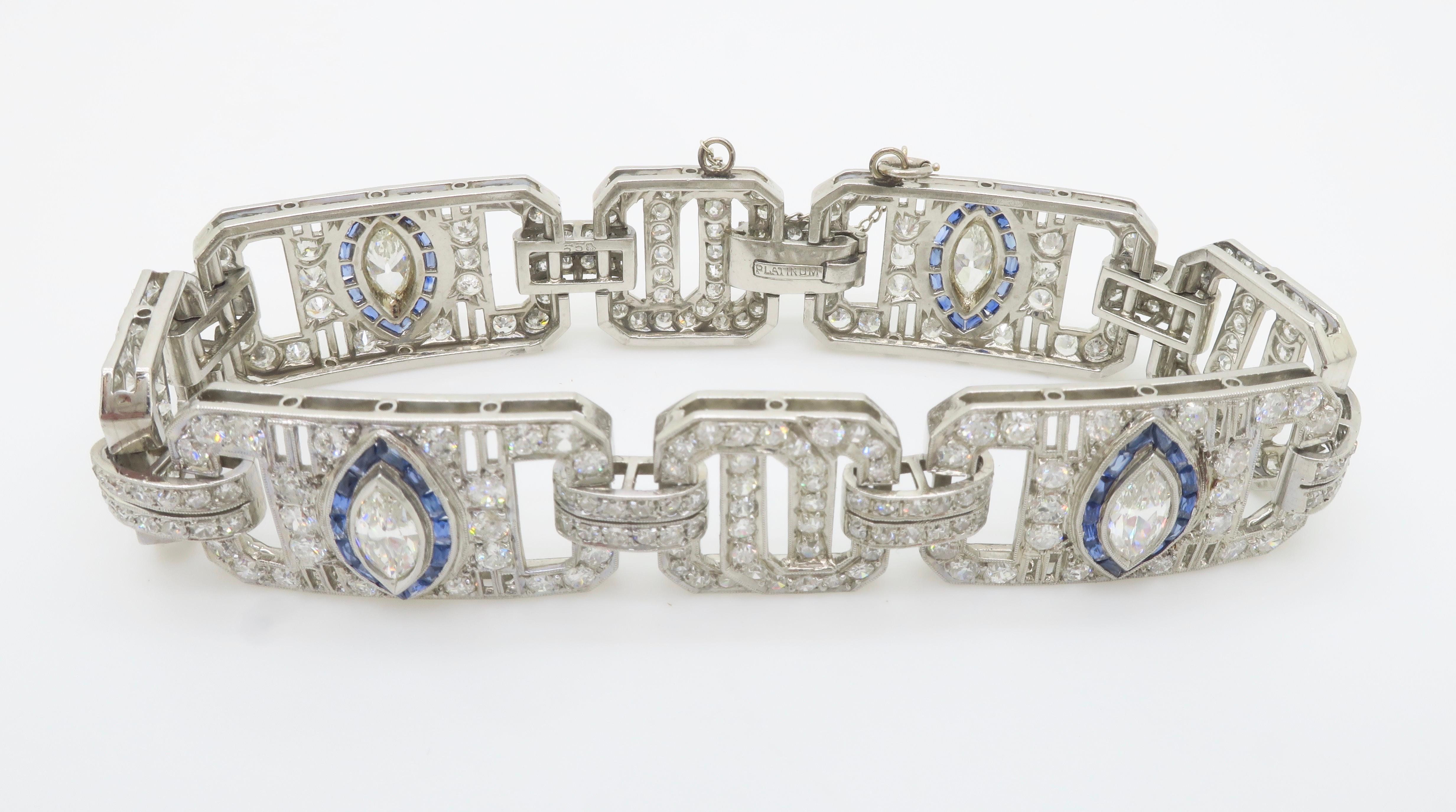 Art Deco Diamond & Blue Sapphire bracelet made in Platinum For Sale 9
