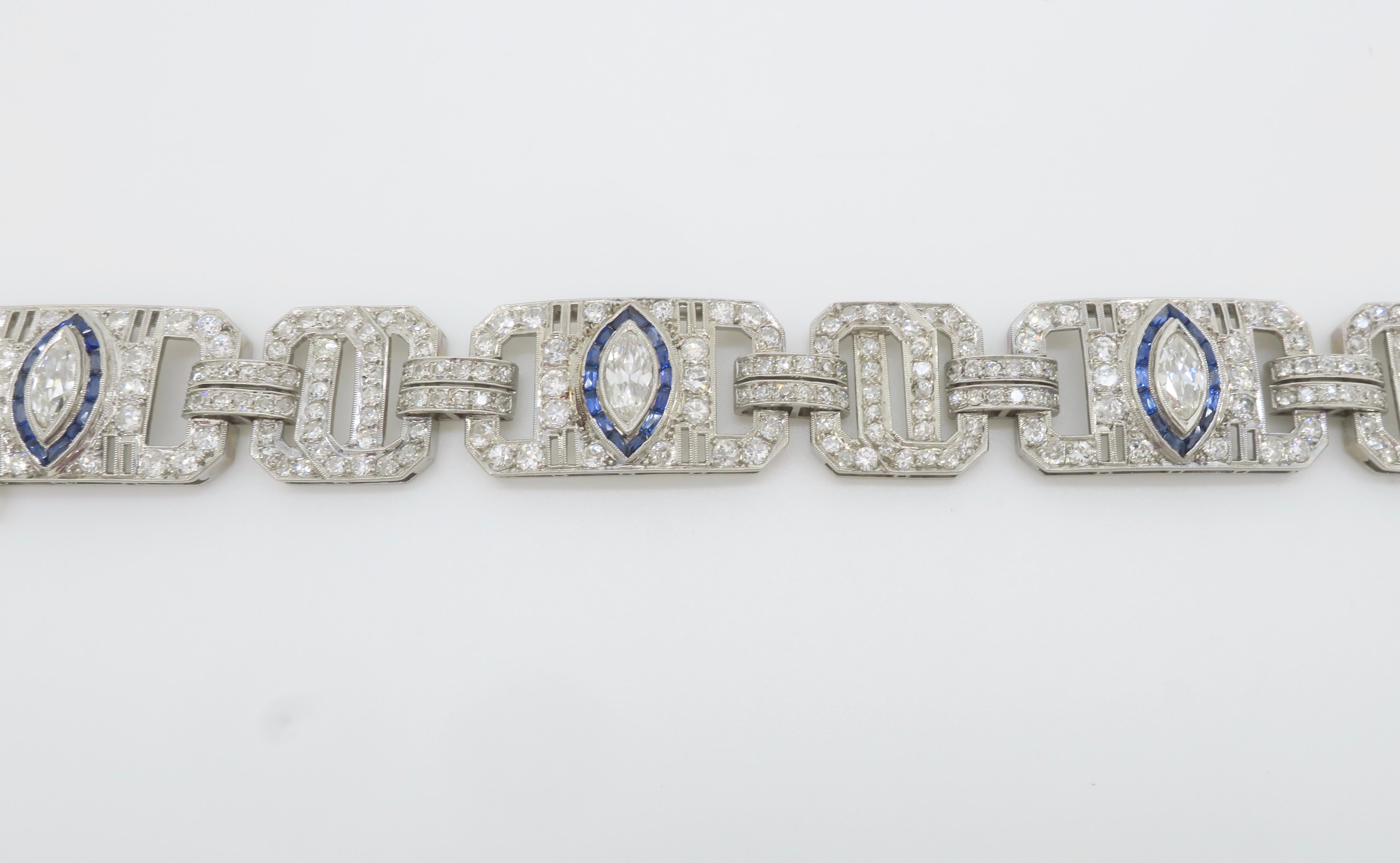 Art Deco Diamond & Blue Sapphire bracelet made in Platinum For Sale 10