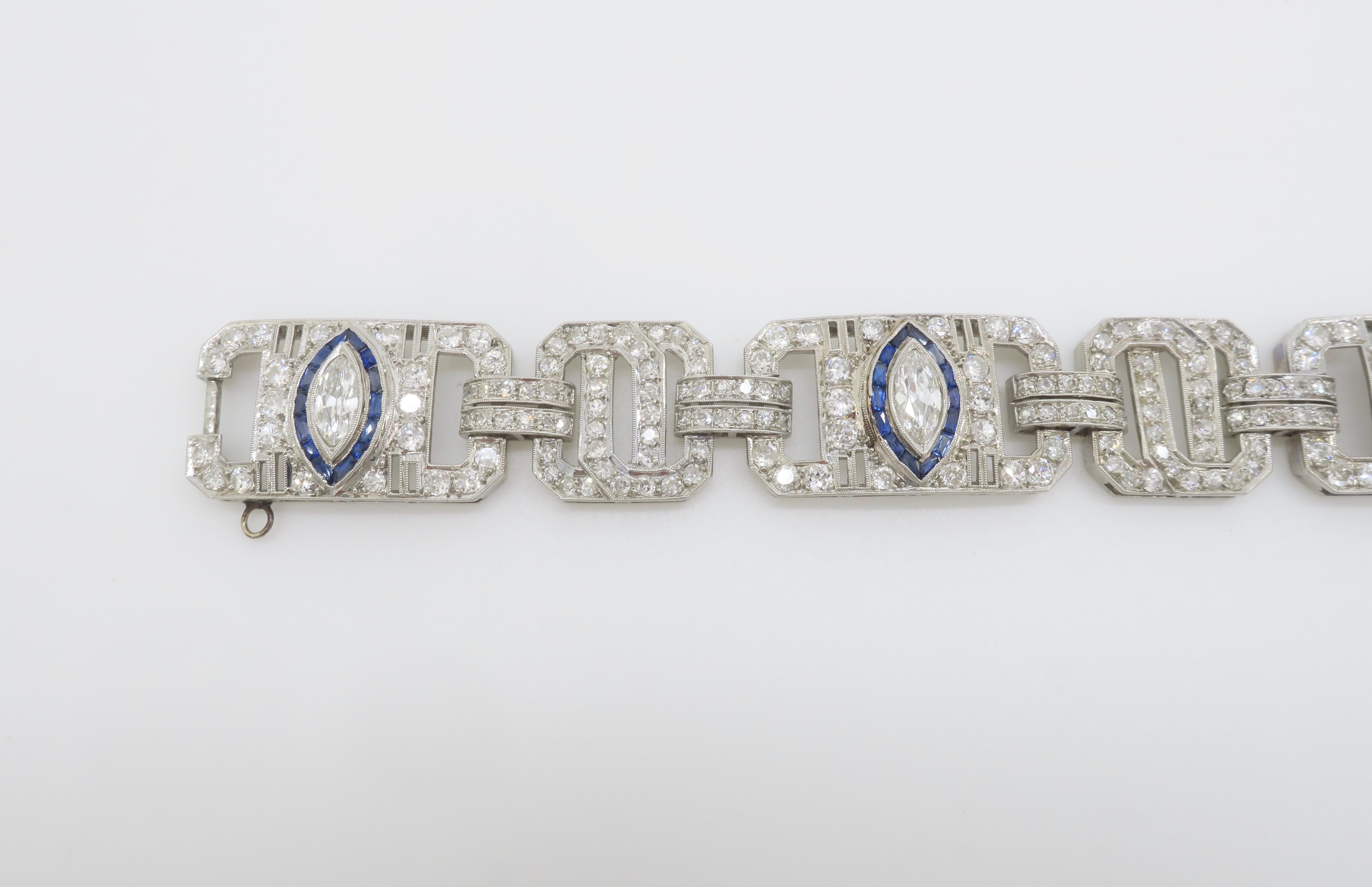 Art Deco Diamond & Blue Sapphire bracelet made in Platinum For Sale 11
