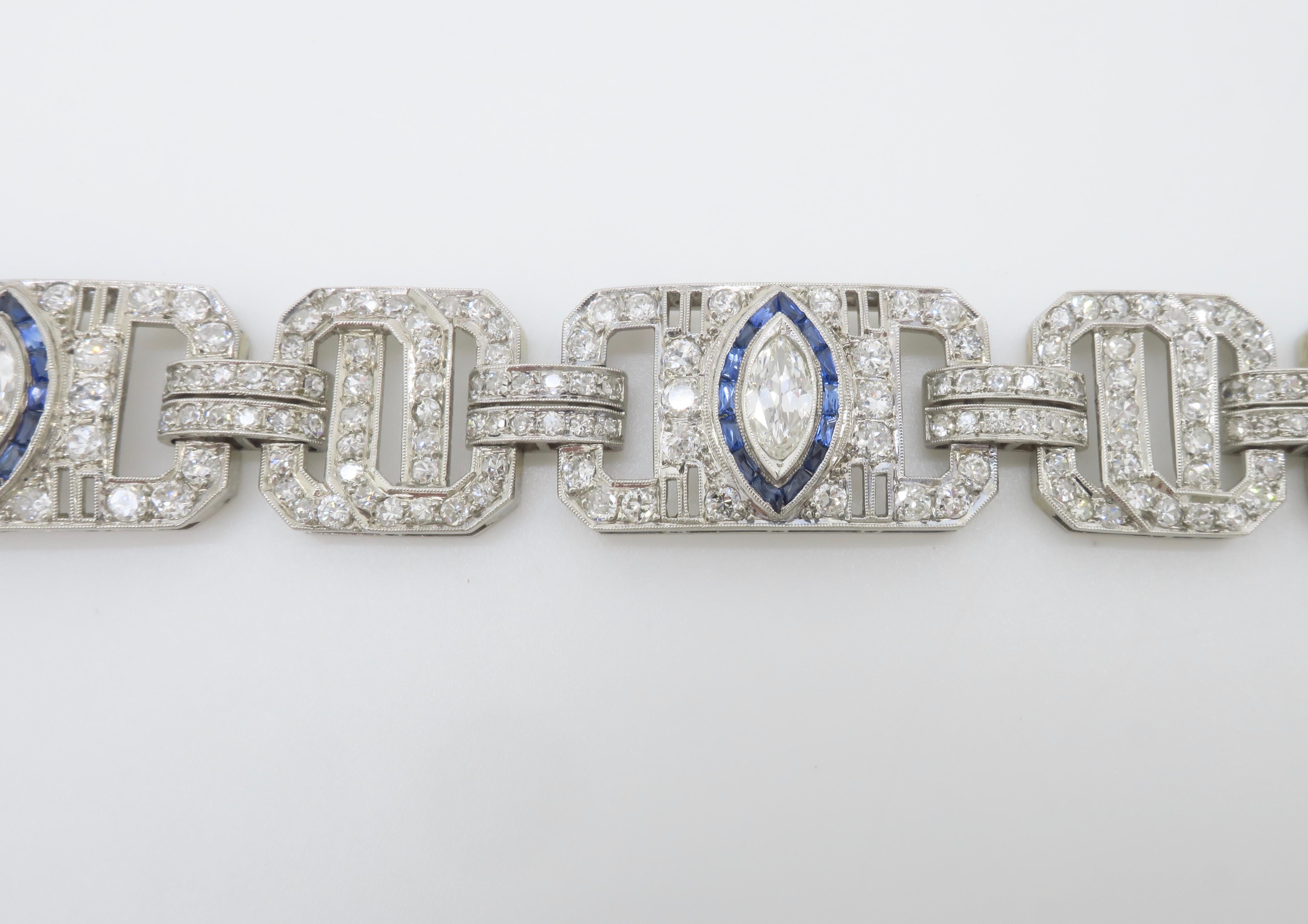 Art Deco Diamond & Blue Sapphire bracelet made in Platinum For Sale 12