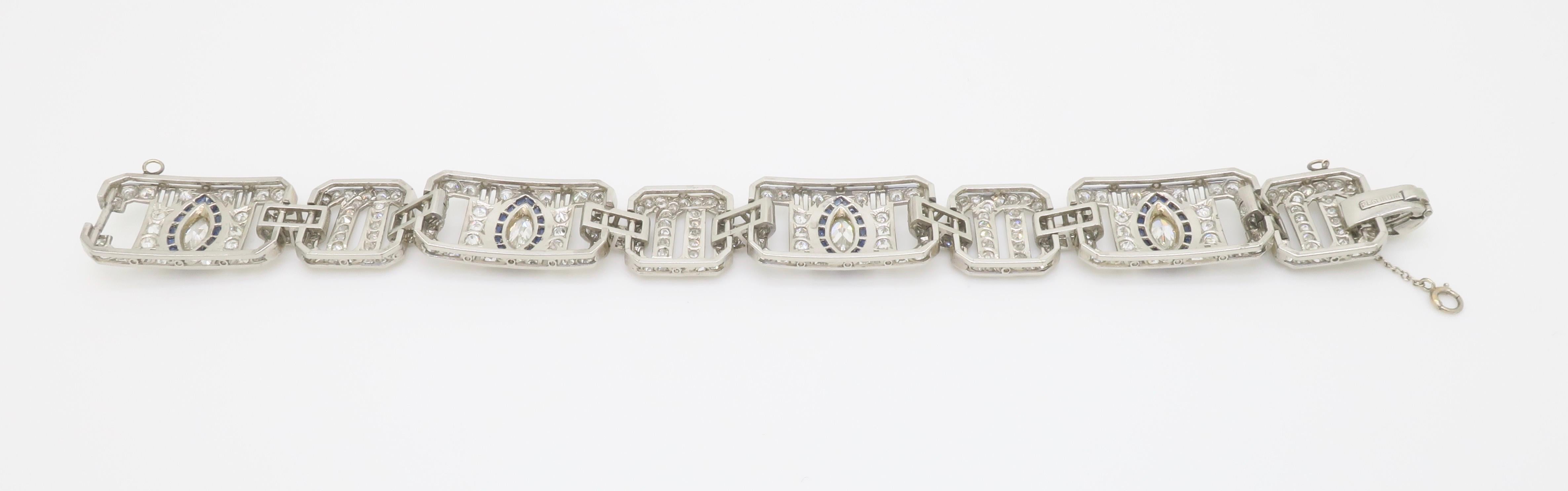 Art Deco Diamond & Blue Sapphire bracelet made in Platinum For Sale 14
