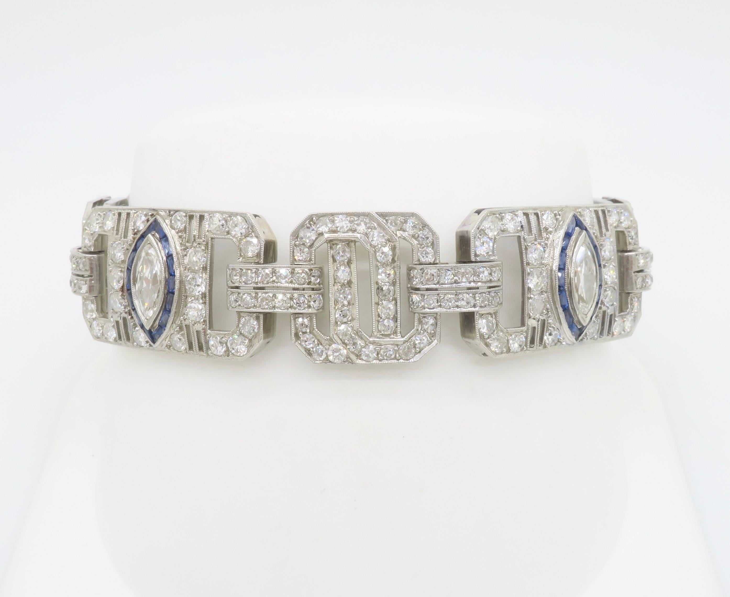 Mixed Cut Art Deco Diamond & Blue Sapphire bracelet made in Platinum For Sale