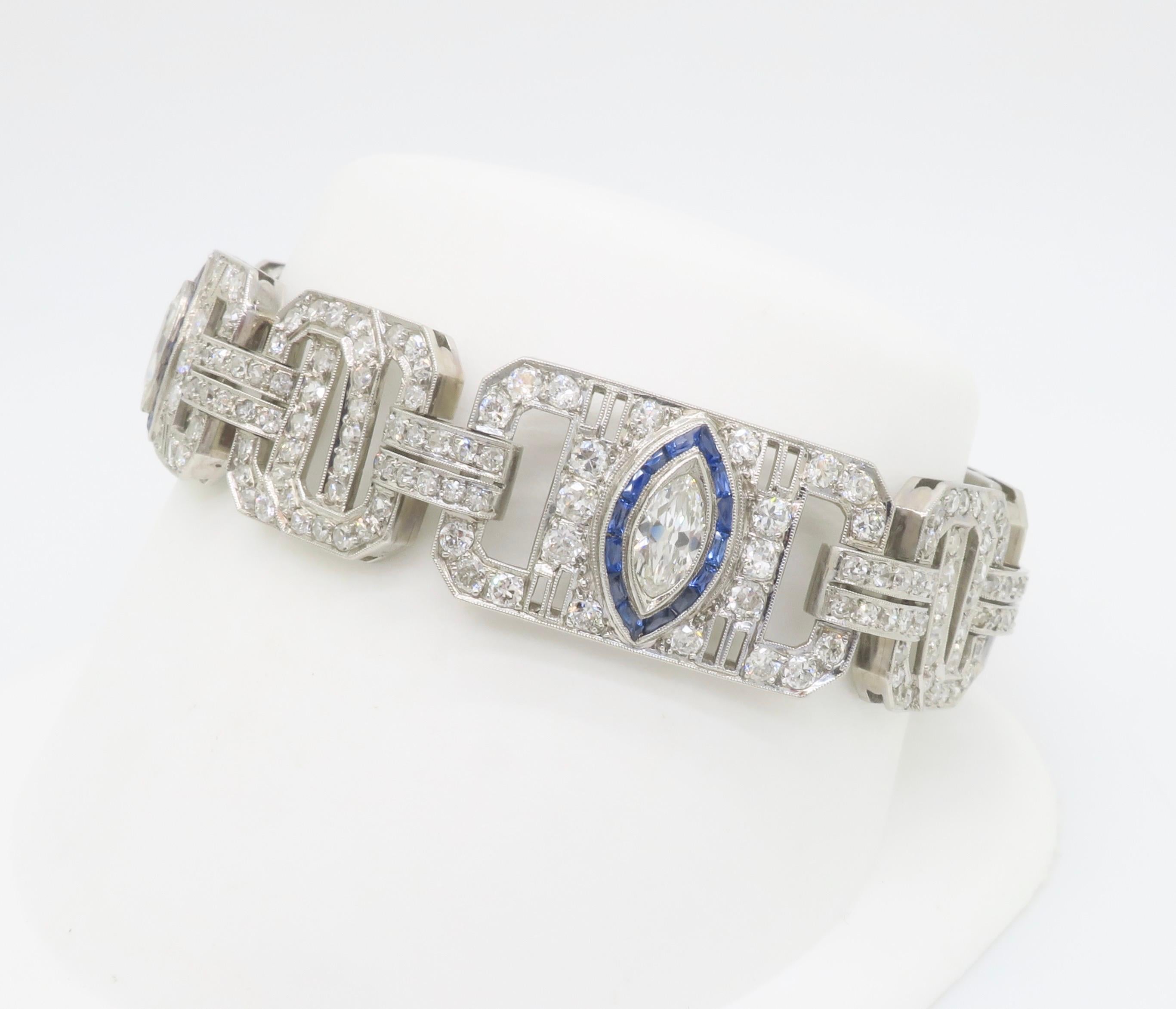 Art Deco Diamond & Blue Sapphire bracelet made in Platinum In Excellent Condition For Sale In Webster, NY