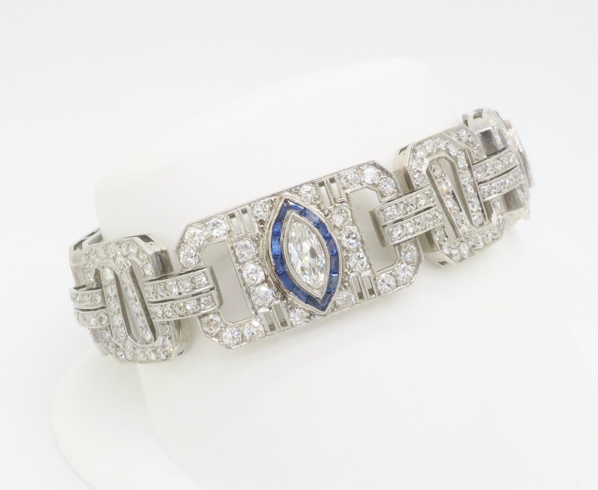 Women's Art Deco Diamond & Blue Sapphire bracelet made in Platinum For Sale