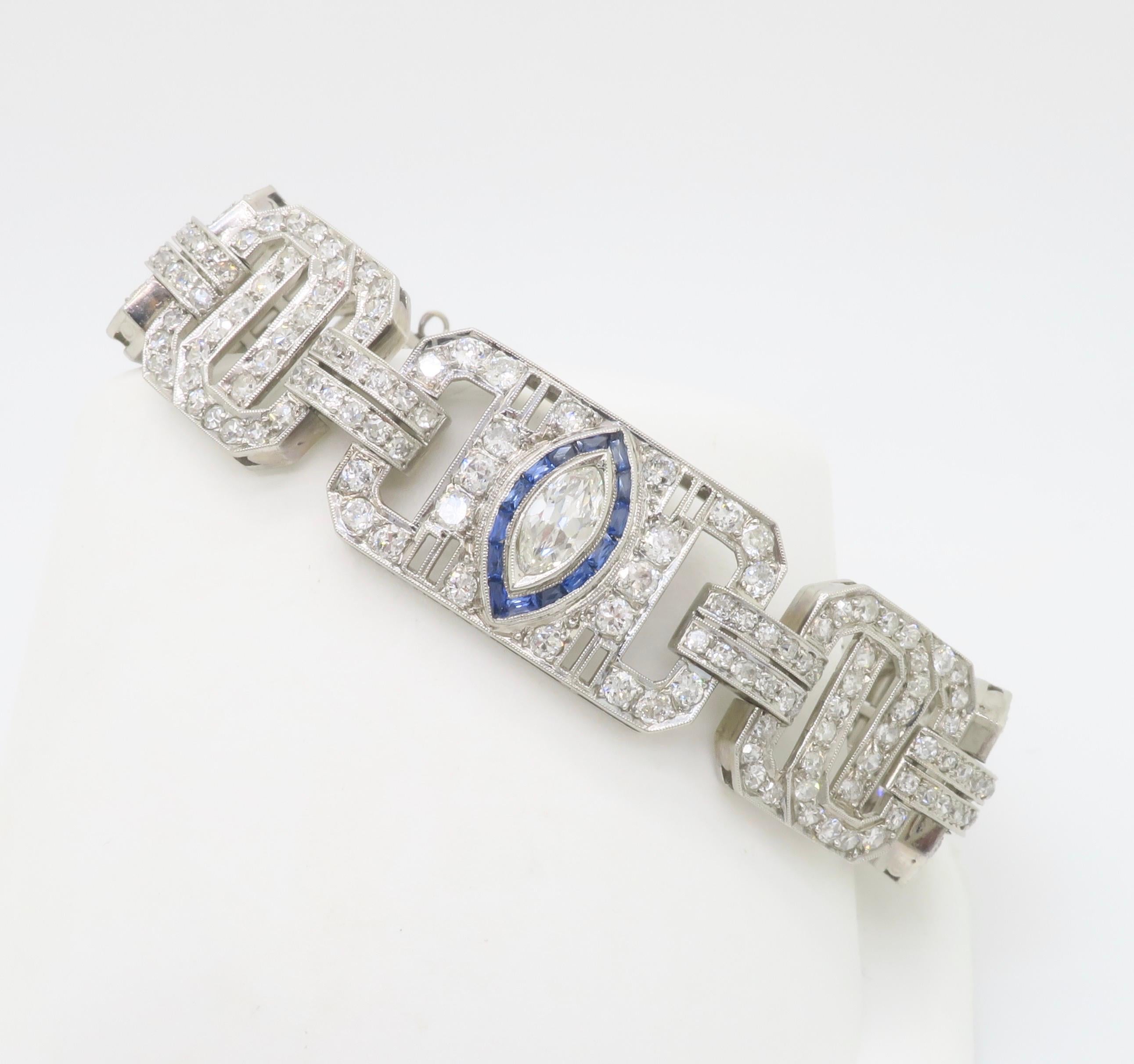 Art Deco Diamond & Blue Sapphire bracelet made in Platinum For Sale 2