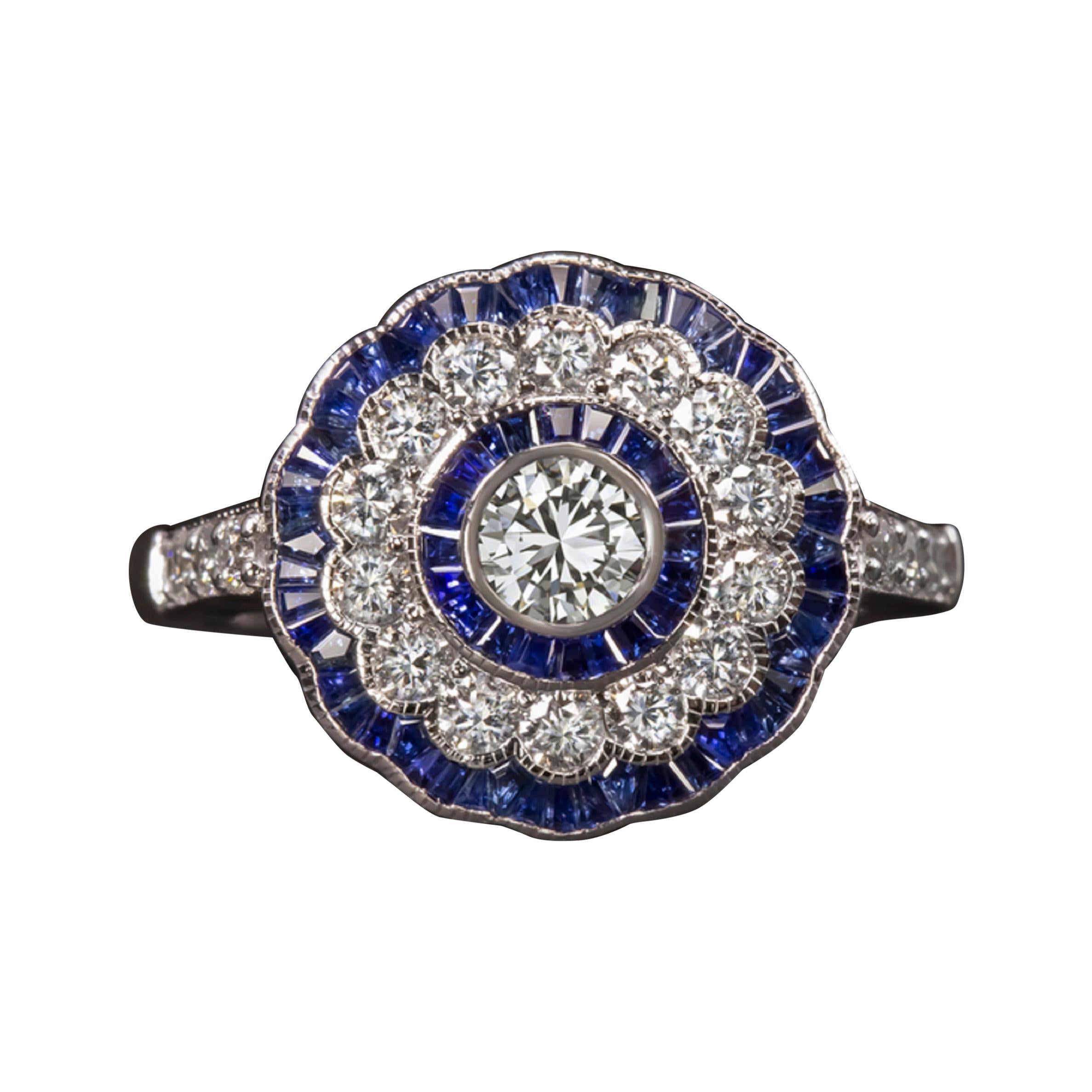 Art Deco Style Diamond Blue Sapphire Cocktail Ring