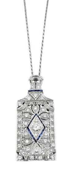 Art Deco Diamond & Blue Sapphire Convertible Platinum Pendant Necklace / Brooch