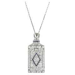 Art Deco Diamond 
Blue Sapphire Convertible Platinum Pendant Necklace / Brooch