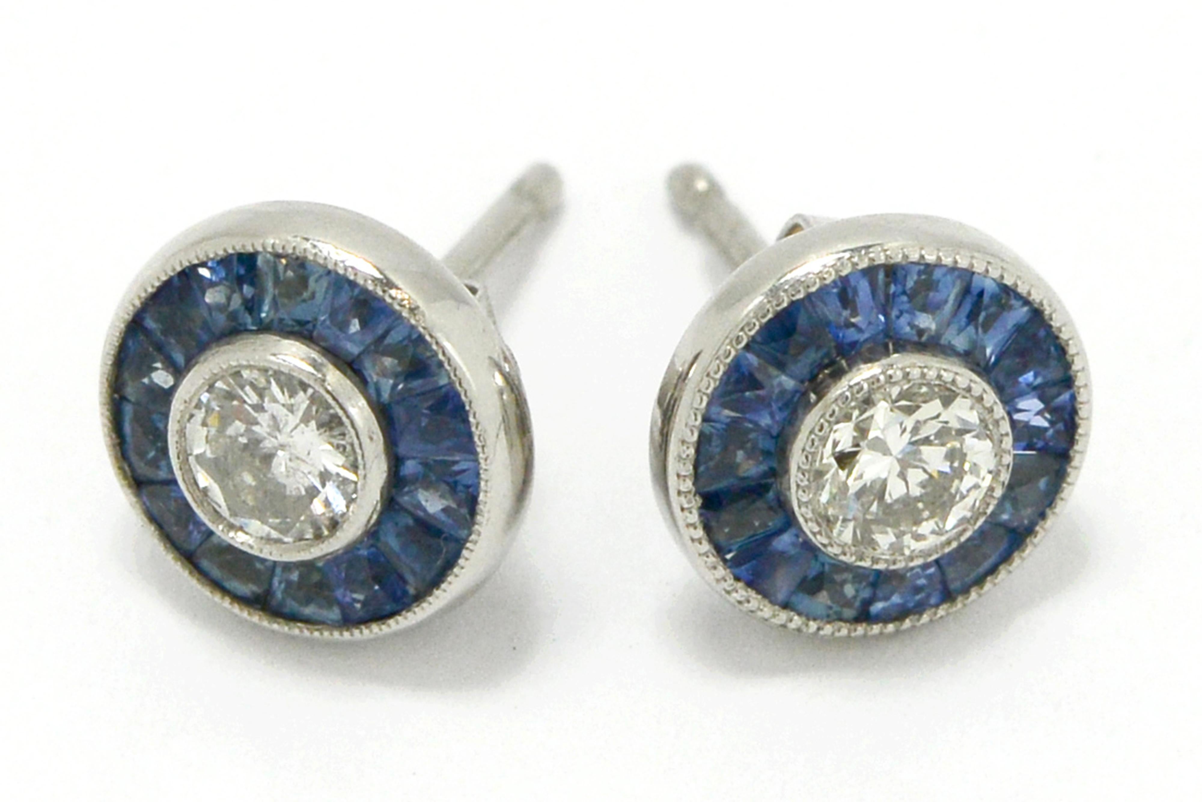 Brilliant Cut Art Deco Inspired Sapphire Diamond Stud Earrings For Sale