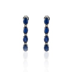 Art Deco Diamond Blue Sapphire Long Dangle Earrings in Solid 14k White Gold