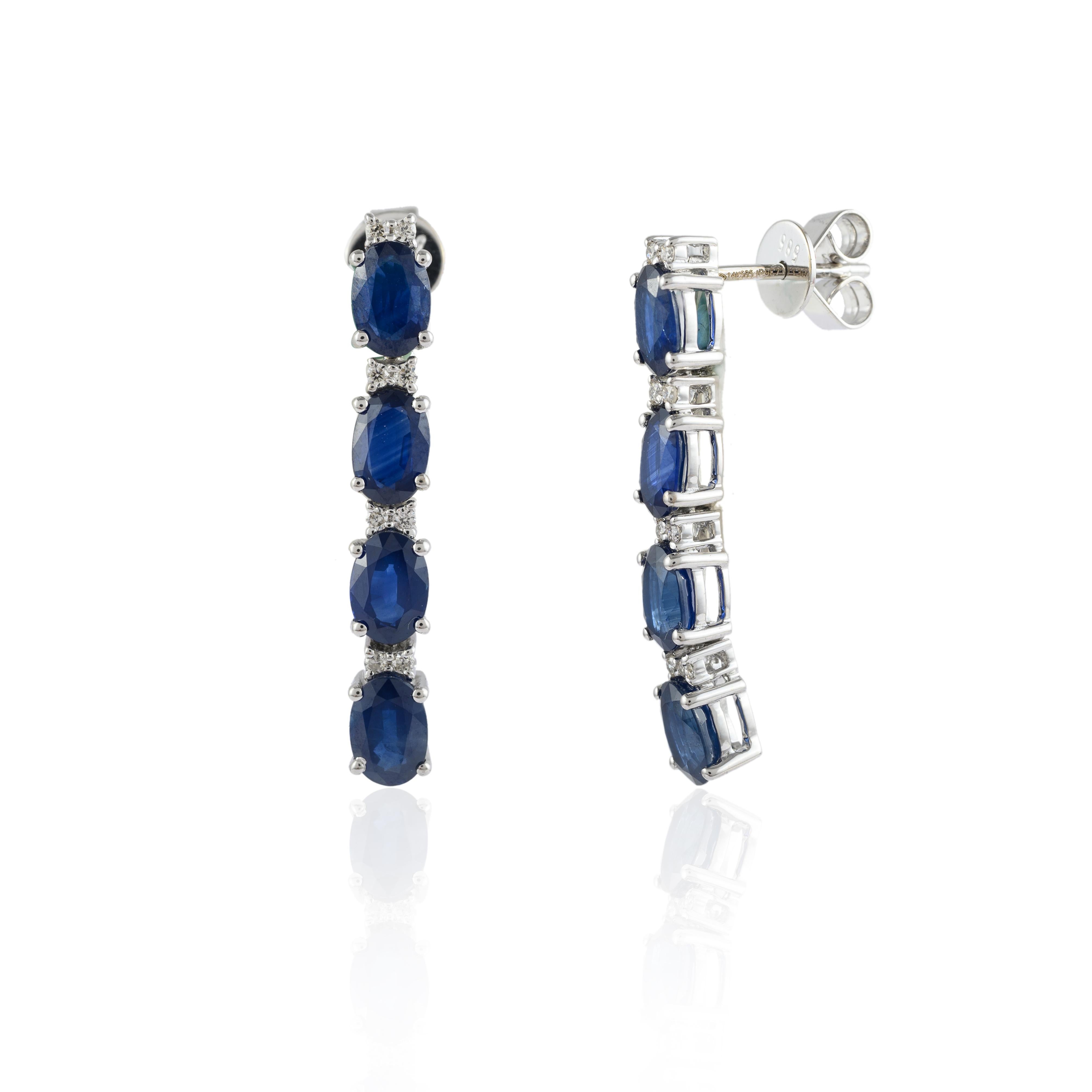 Oval Cut Art Deco Diamond Blue Sapphire Long Dangle Earrings in Solid 14k White Gold For Sale