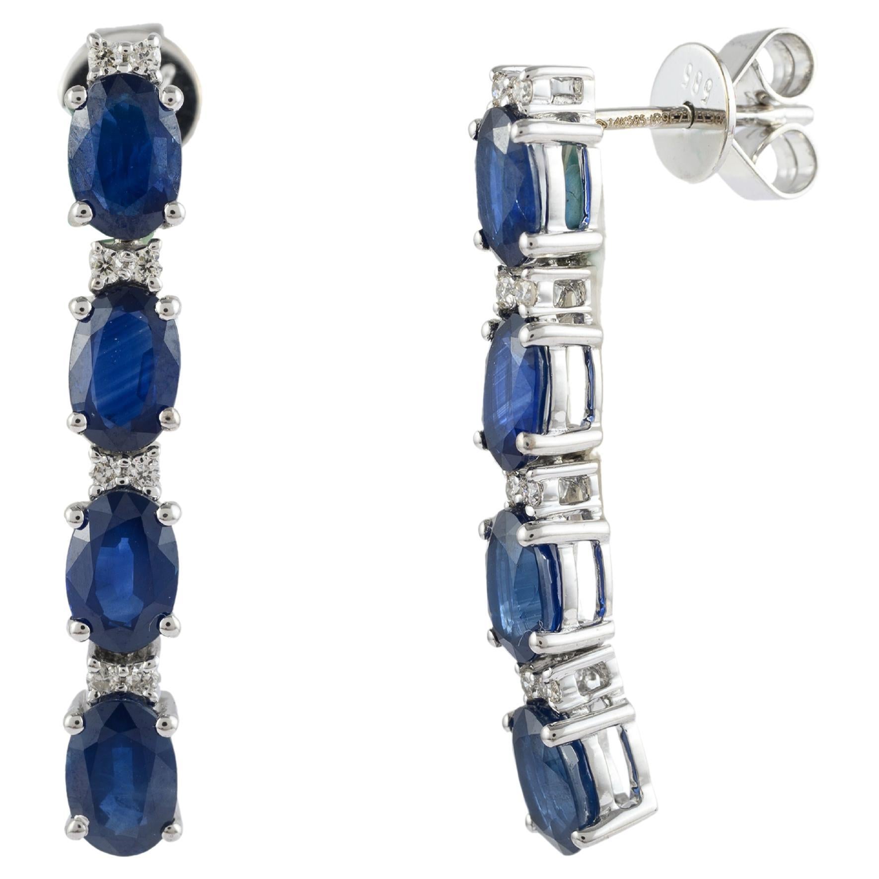 Art Deco Diamond Blue Sapphire Long Dangle Earrings in Solid 14k White Gold For Sale