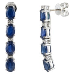 Art Deco Diamond Blue Sapphire Long Dangle Earrings in Solid 14k White Gold